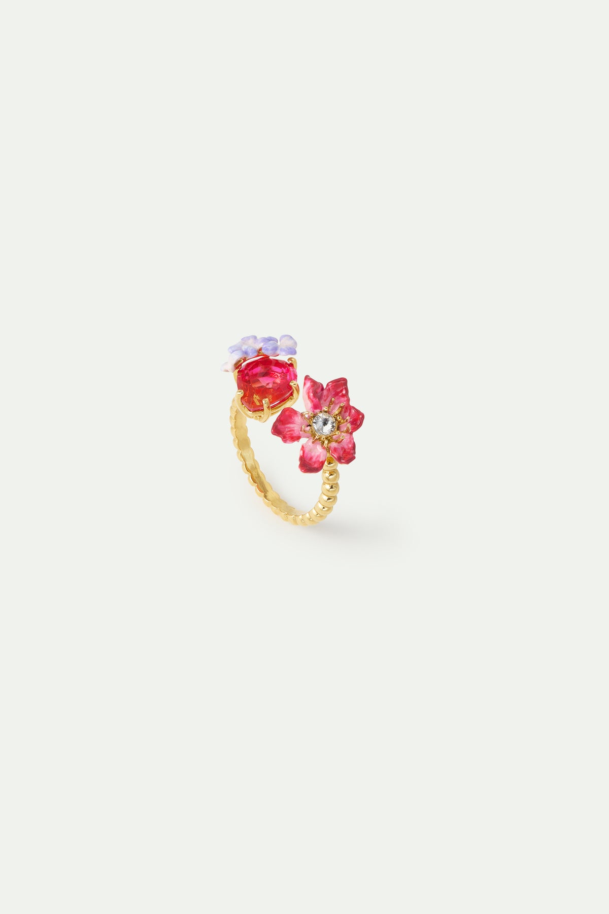 Bague ajustable clématite rose, verre facetté et glycine violette