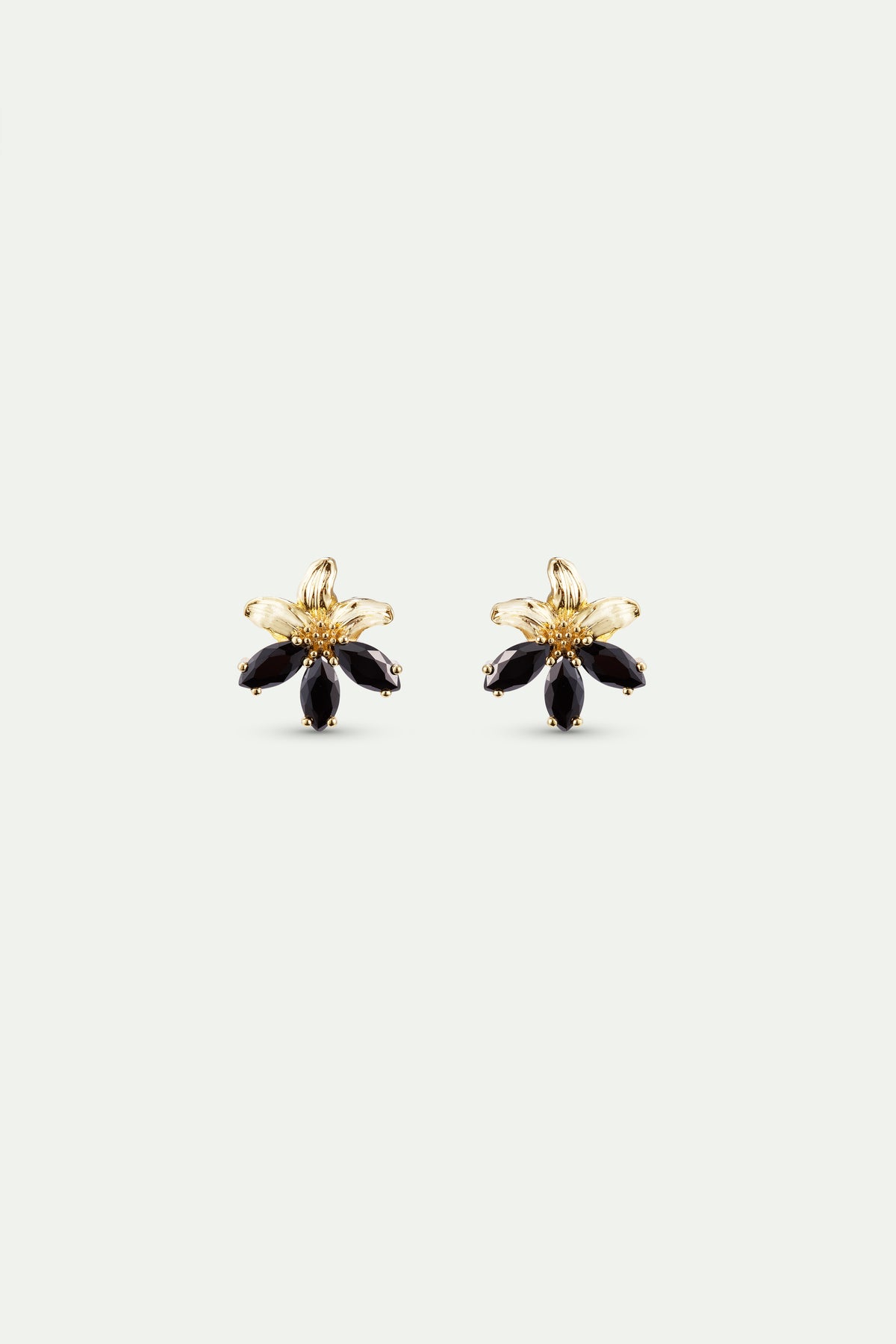 Boucles d'oreilles tiges dorées lys et pierres noires