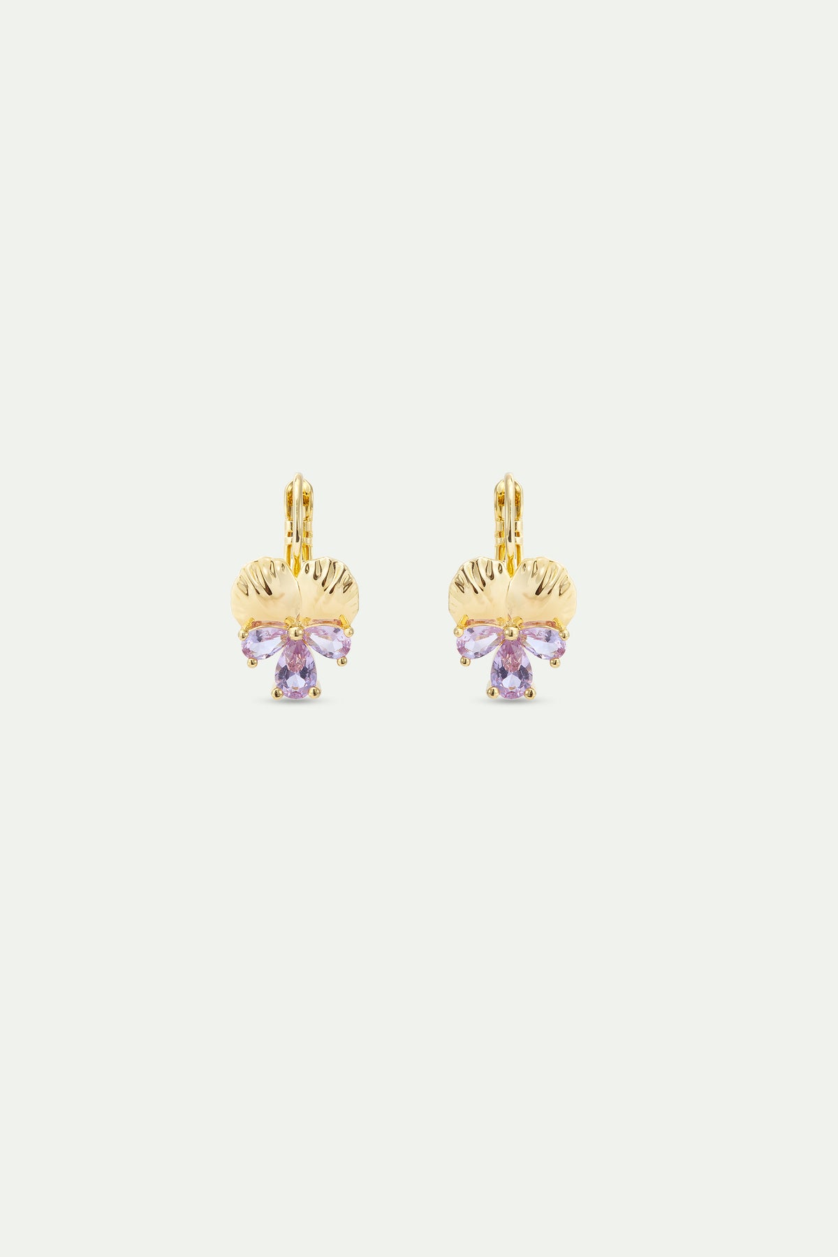 Boucles d'oreilles dormeuses dorées pensée et pierres roses