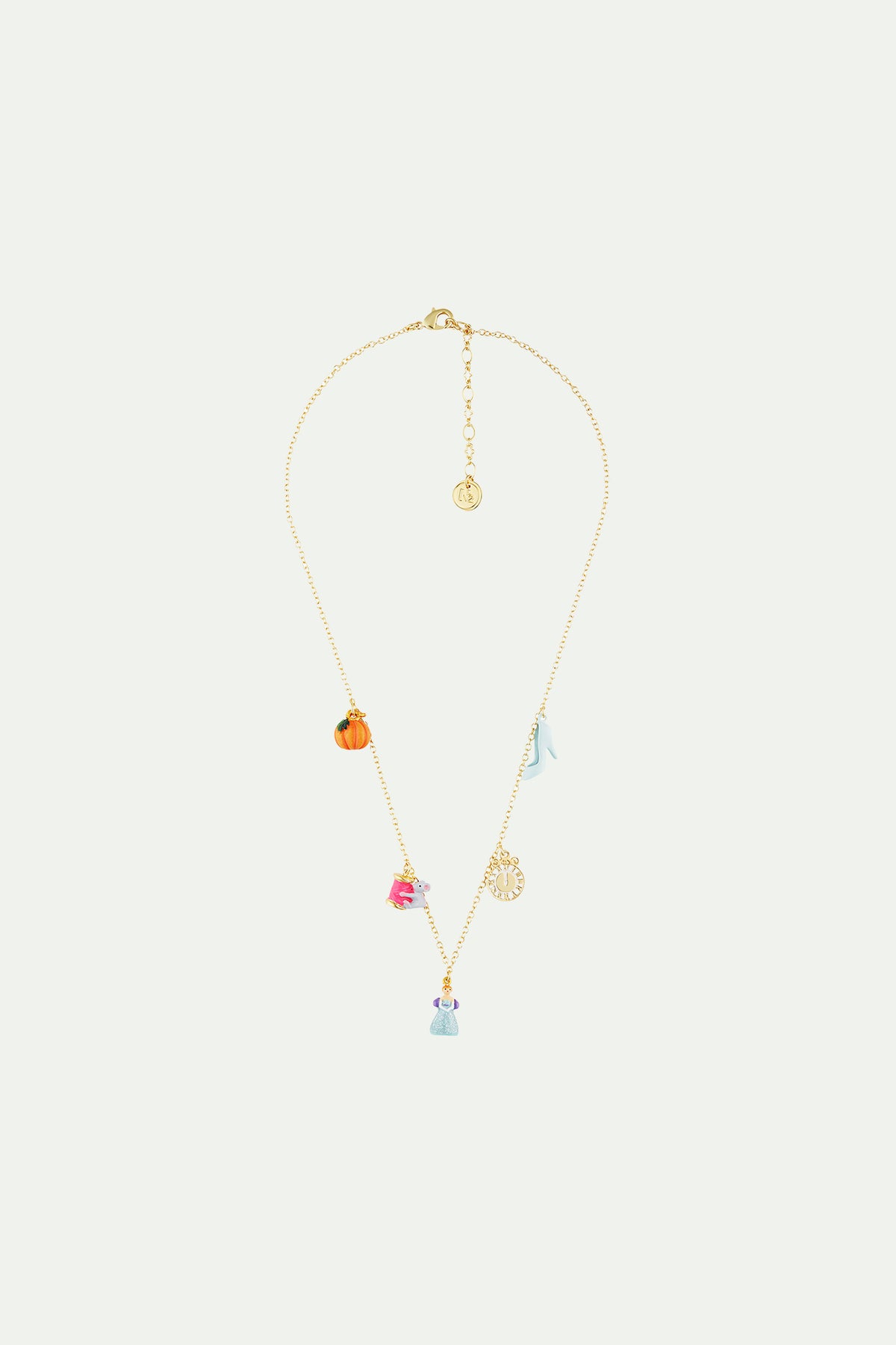 Collier pendentif citrouille, souris et bobine de fil, cendrillon, horloge et soulier