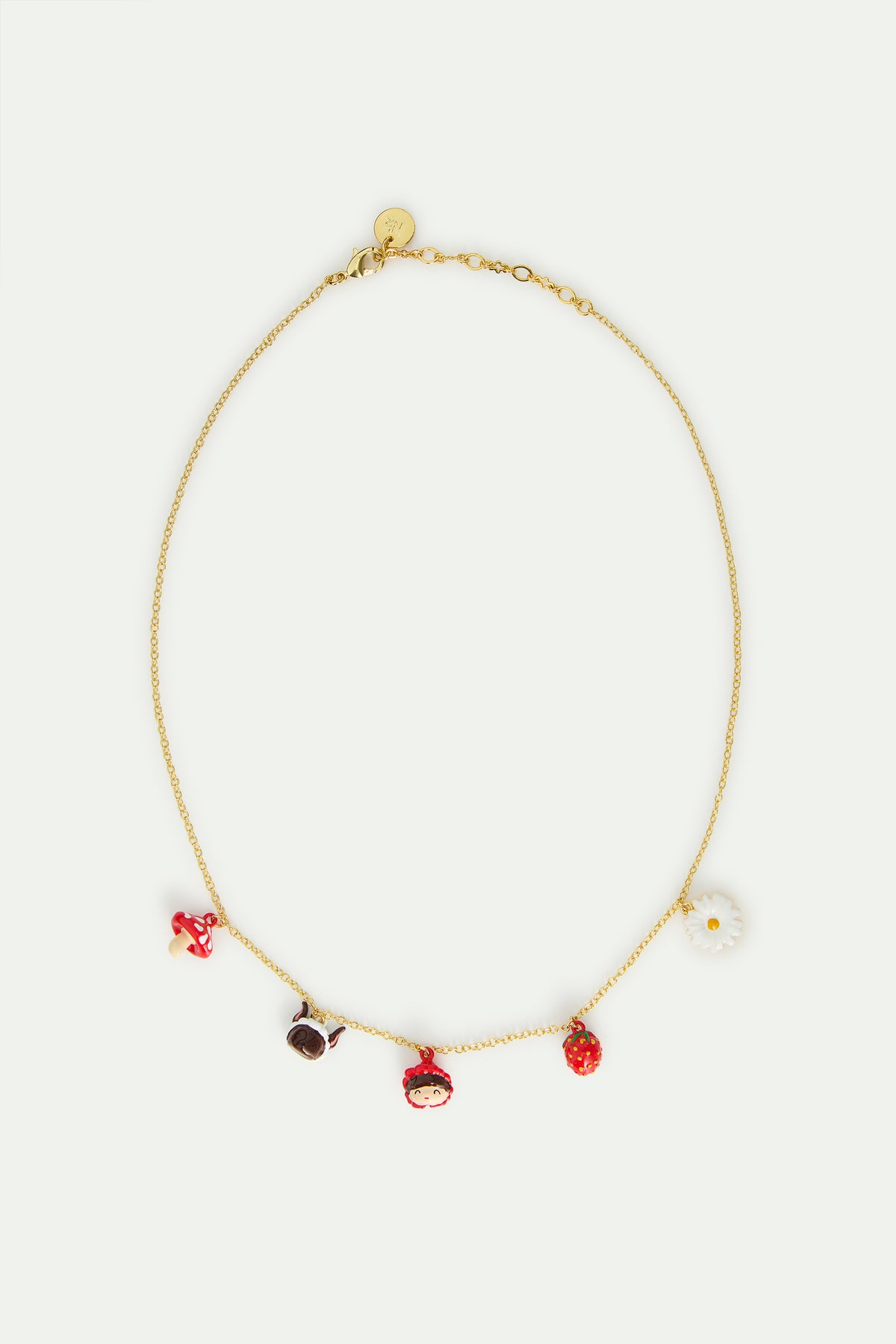 Collar colgante Caperucita Roja, Lobo, seta, fresa y margarita
