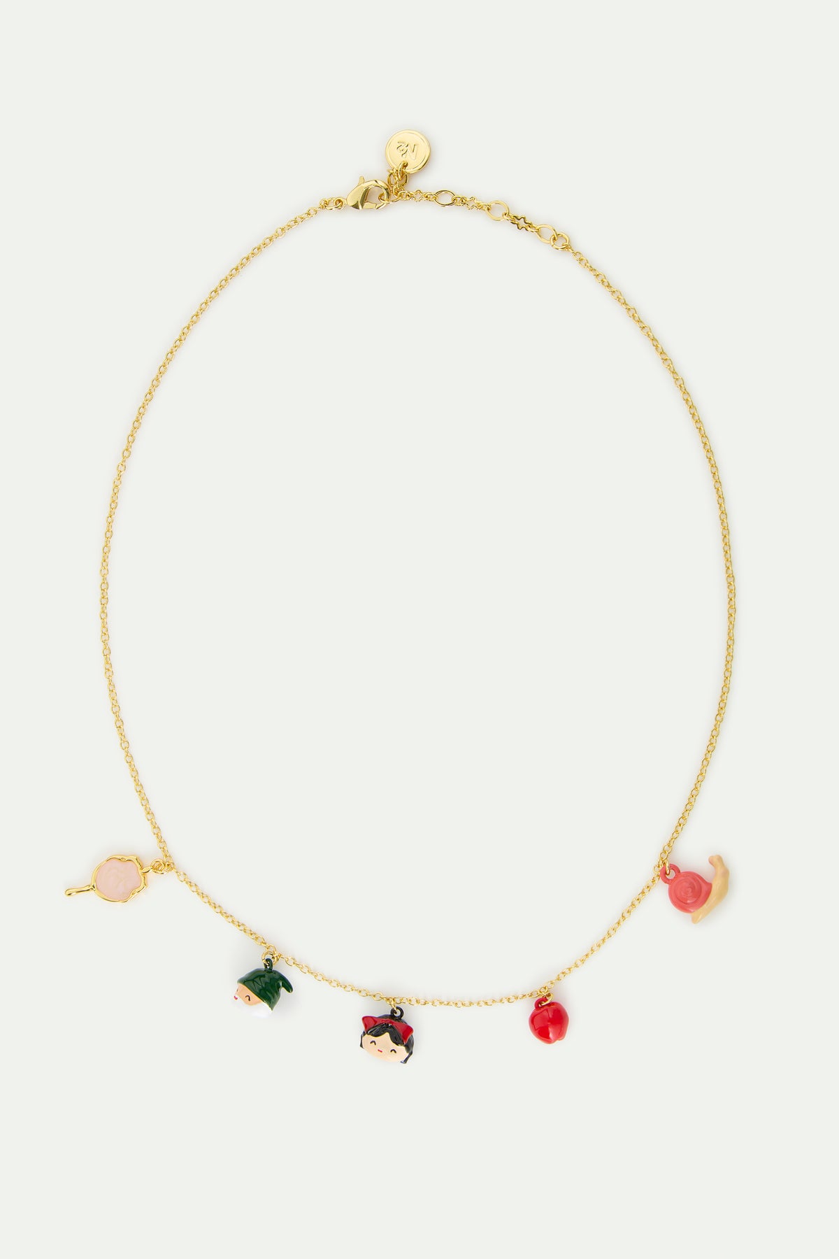 Collier pendentif Blanche-Neige, nain, miroir, pomme et escargot