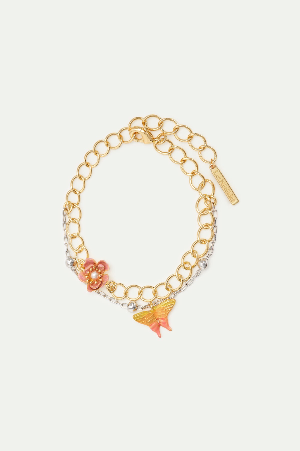 Bracelet double chaine bicolore, fleur de magnolia et papillon