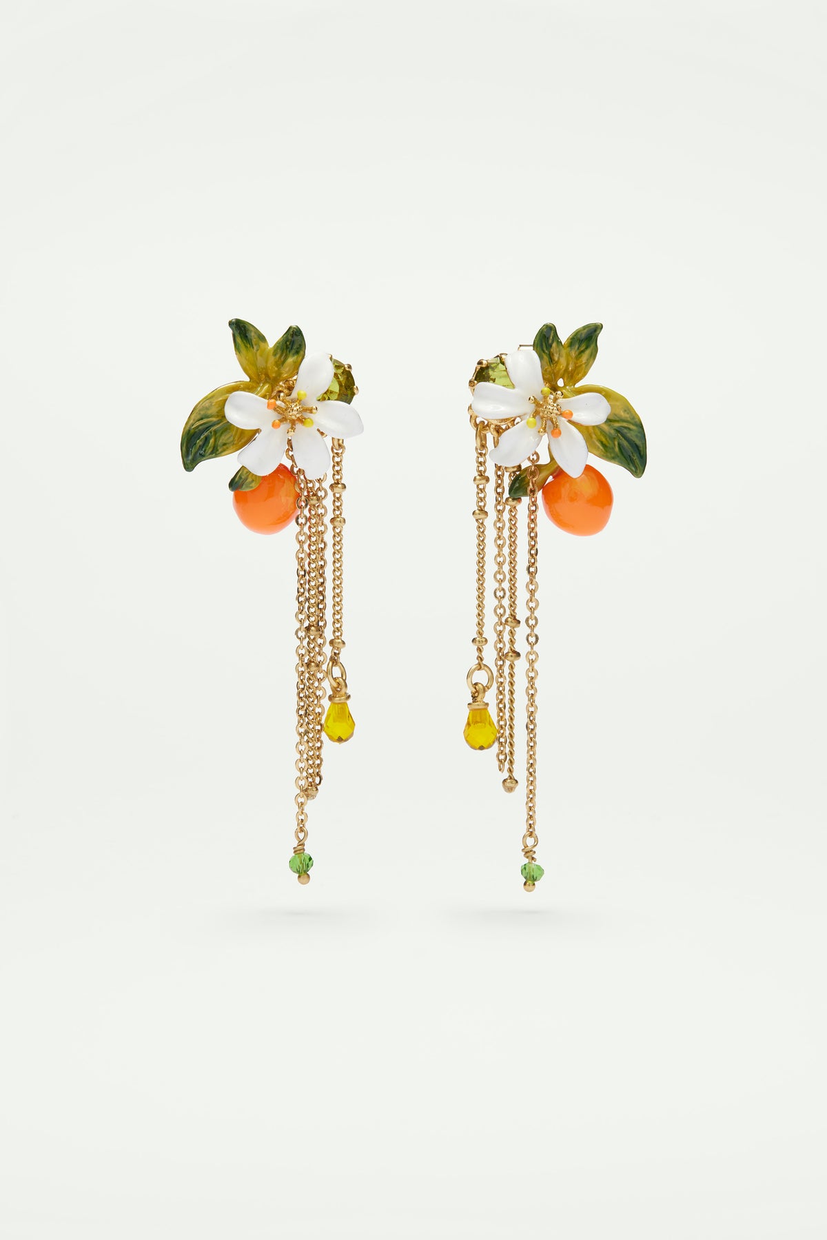 Boucles d'oreilles orange, fleur d'oranger et chaînes