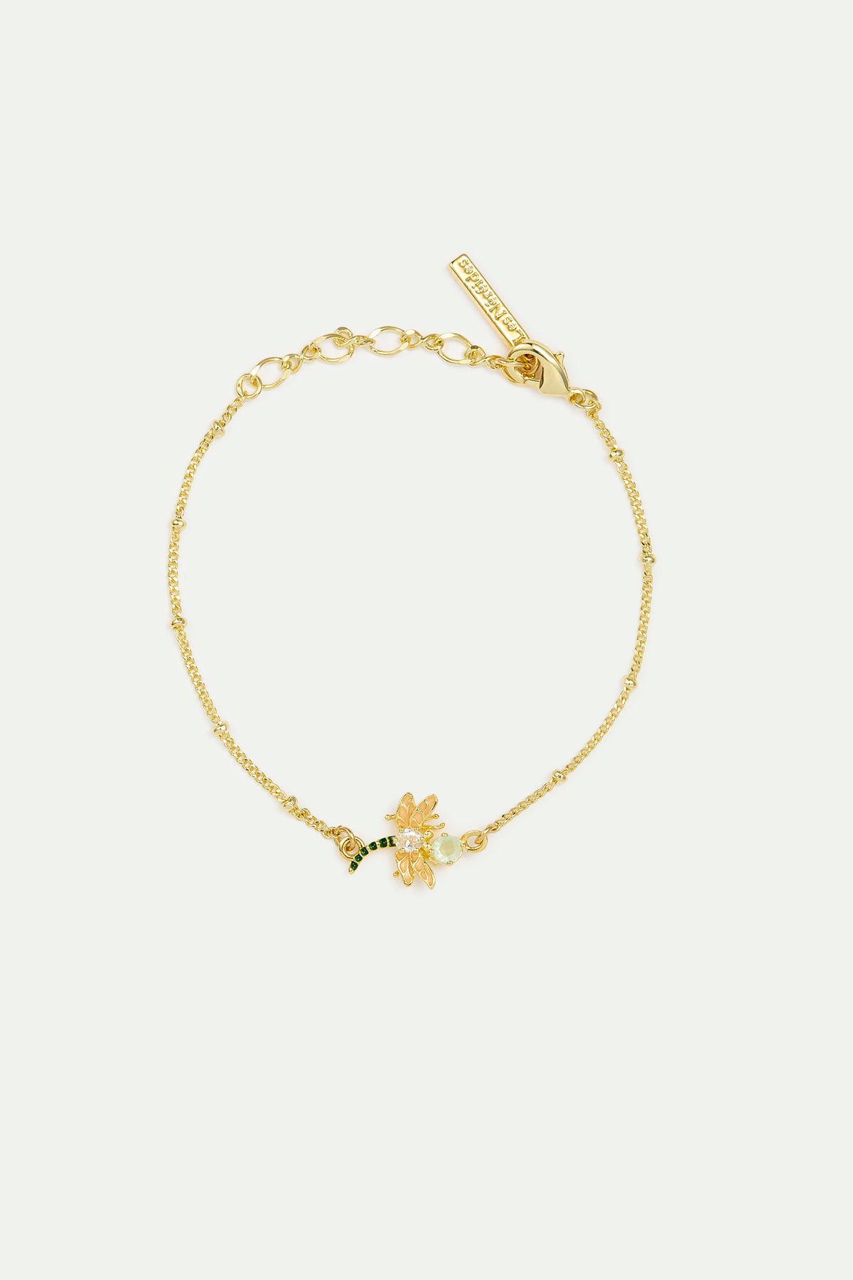 Bracelet fin libellule dorée, pierre ronde verte et cristal