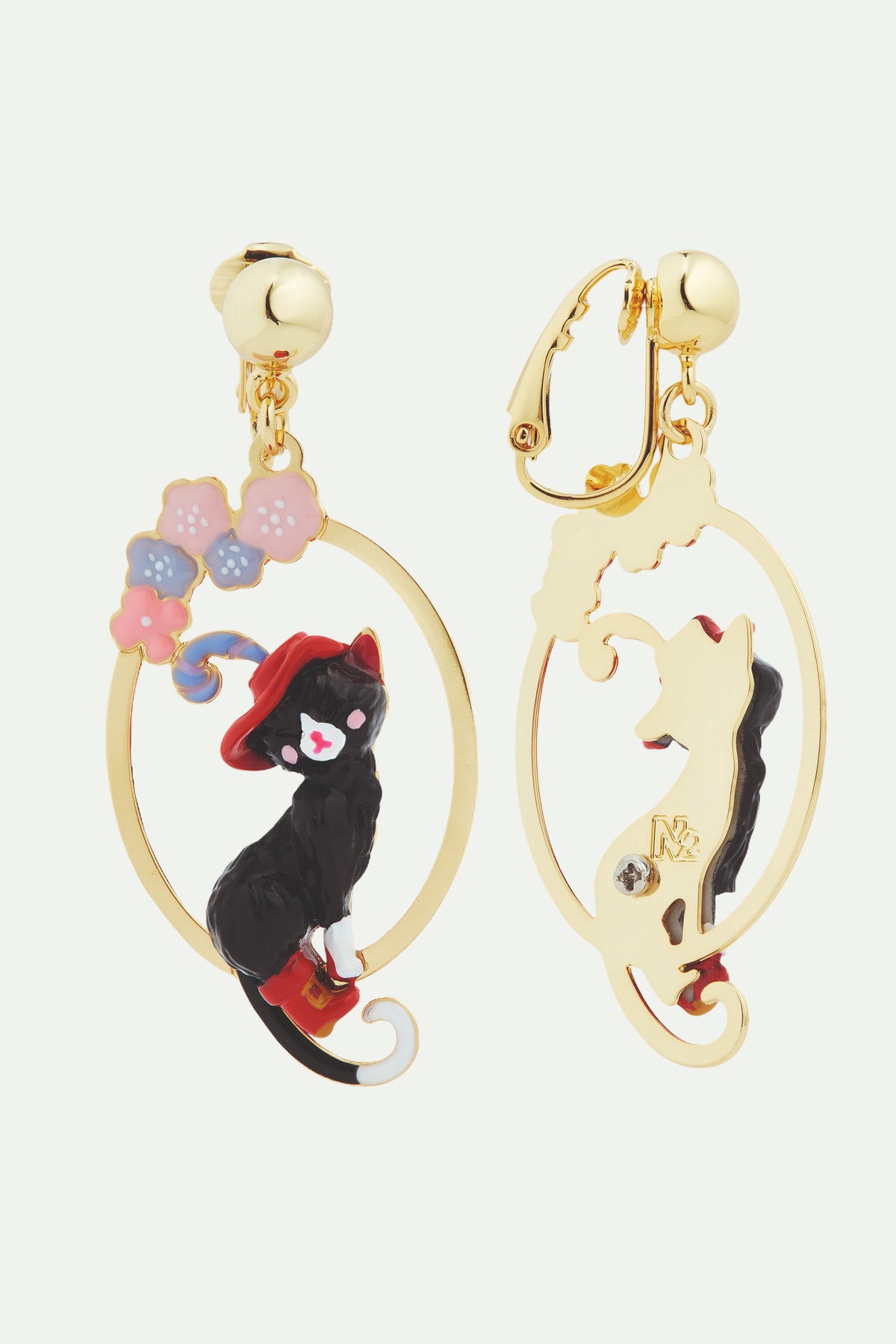 Boucles d'oreilles tiges créoles chat charmant et fleurs
