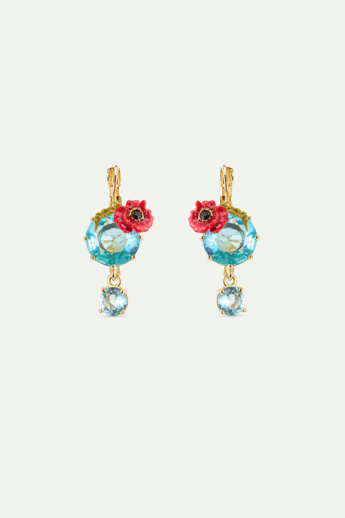 Boucles d'oreilles dormeuses pierres rondes bleues et coquelicot