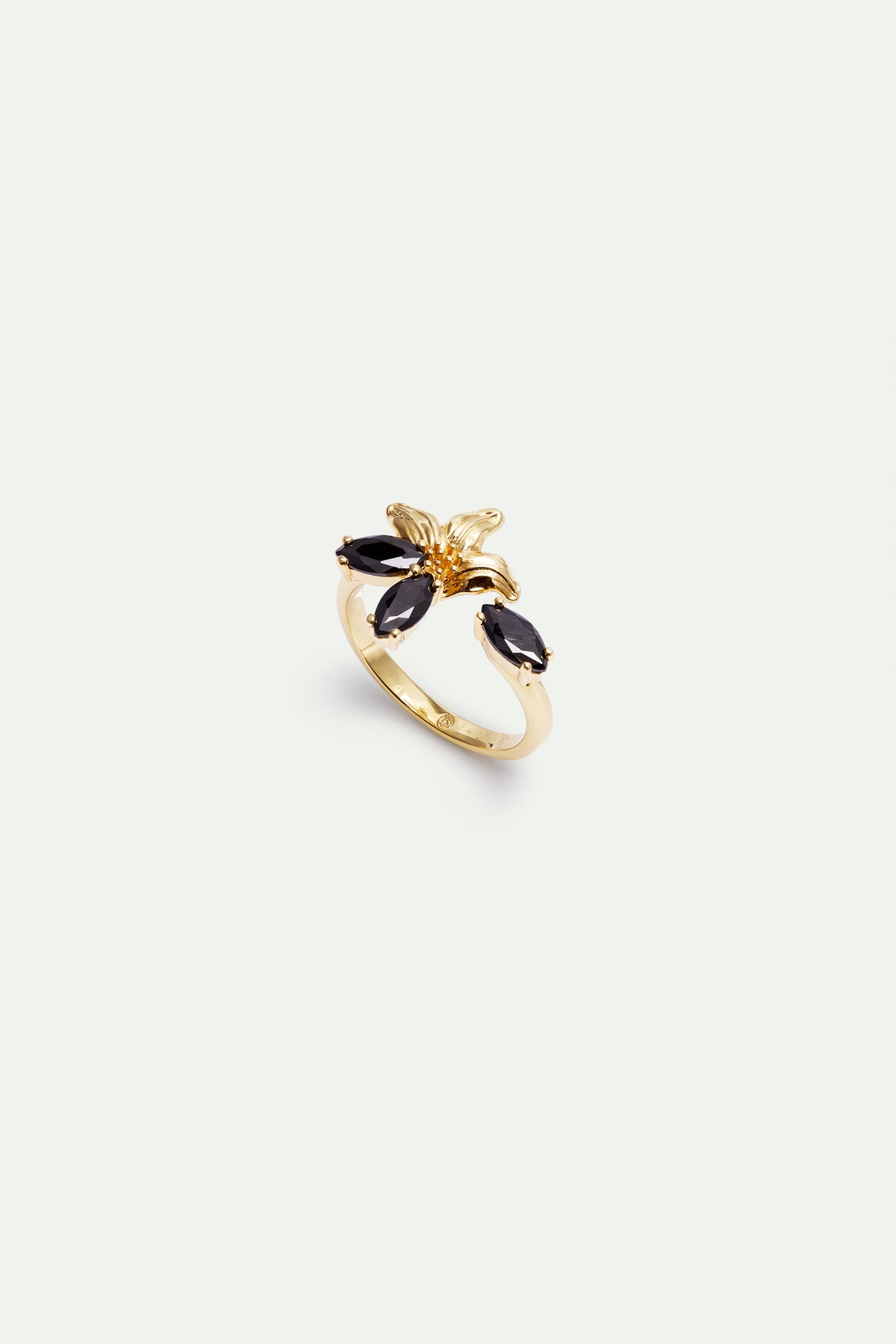 Bague ajustable dorée lys et pierres noires