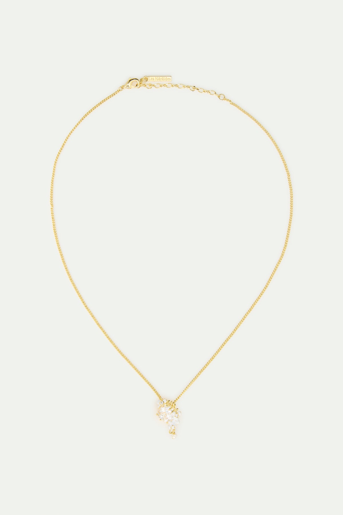 Collier pierre facetté, laurier, glycine blanche et perle de culture