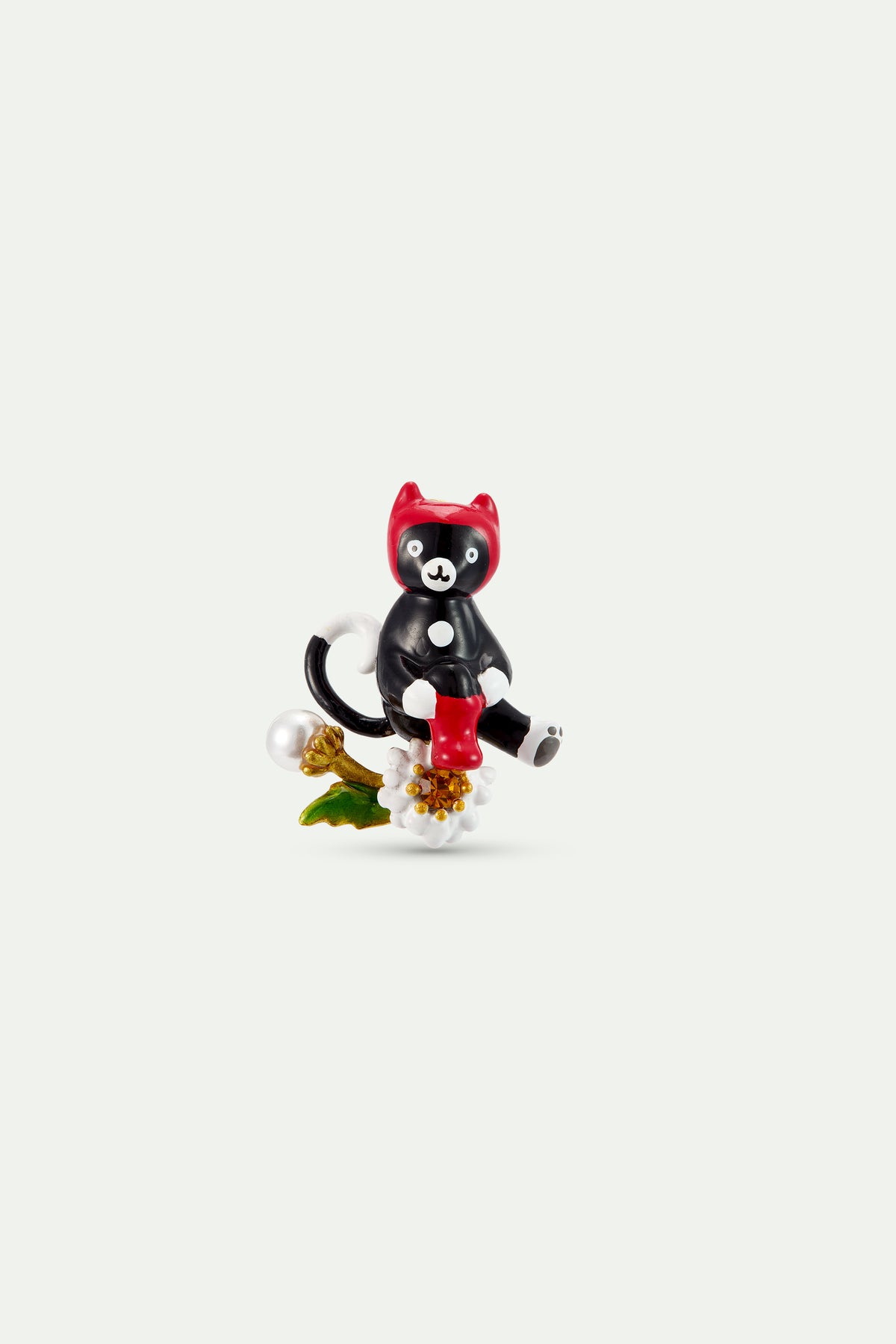 Broche Chat Botté noir et blanc, fleur et perle
