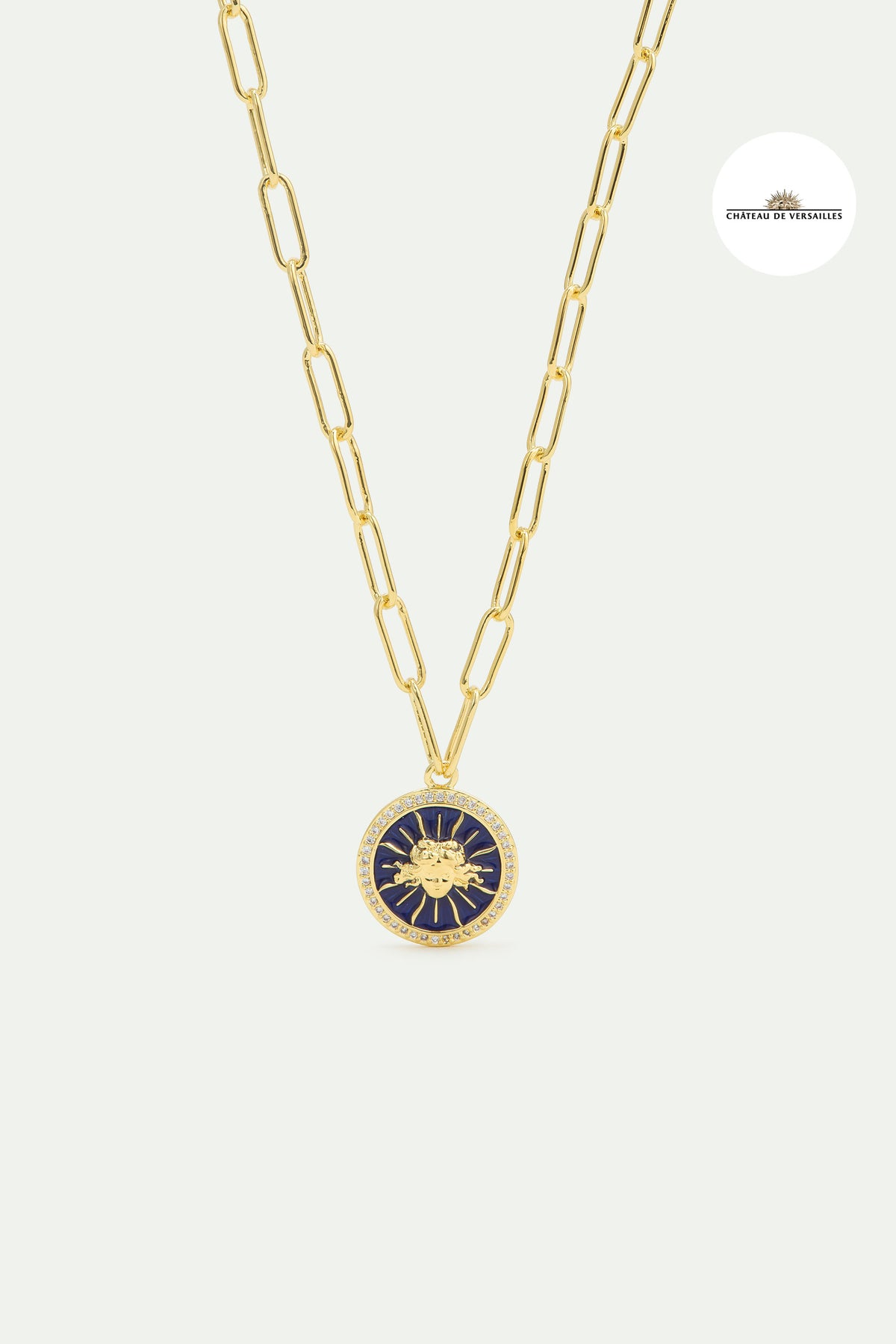 Collier chaîne maille médaille bleue roi soleil