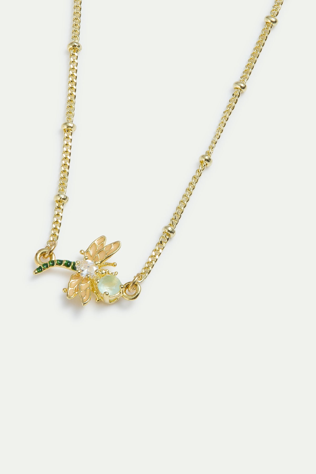 Bracelet fin libellule dorée, pierre ronde verte et cristal