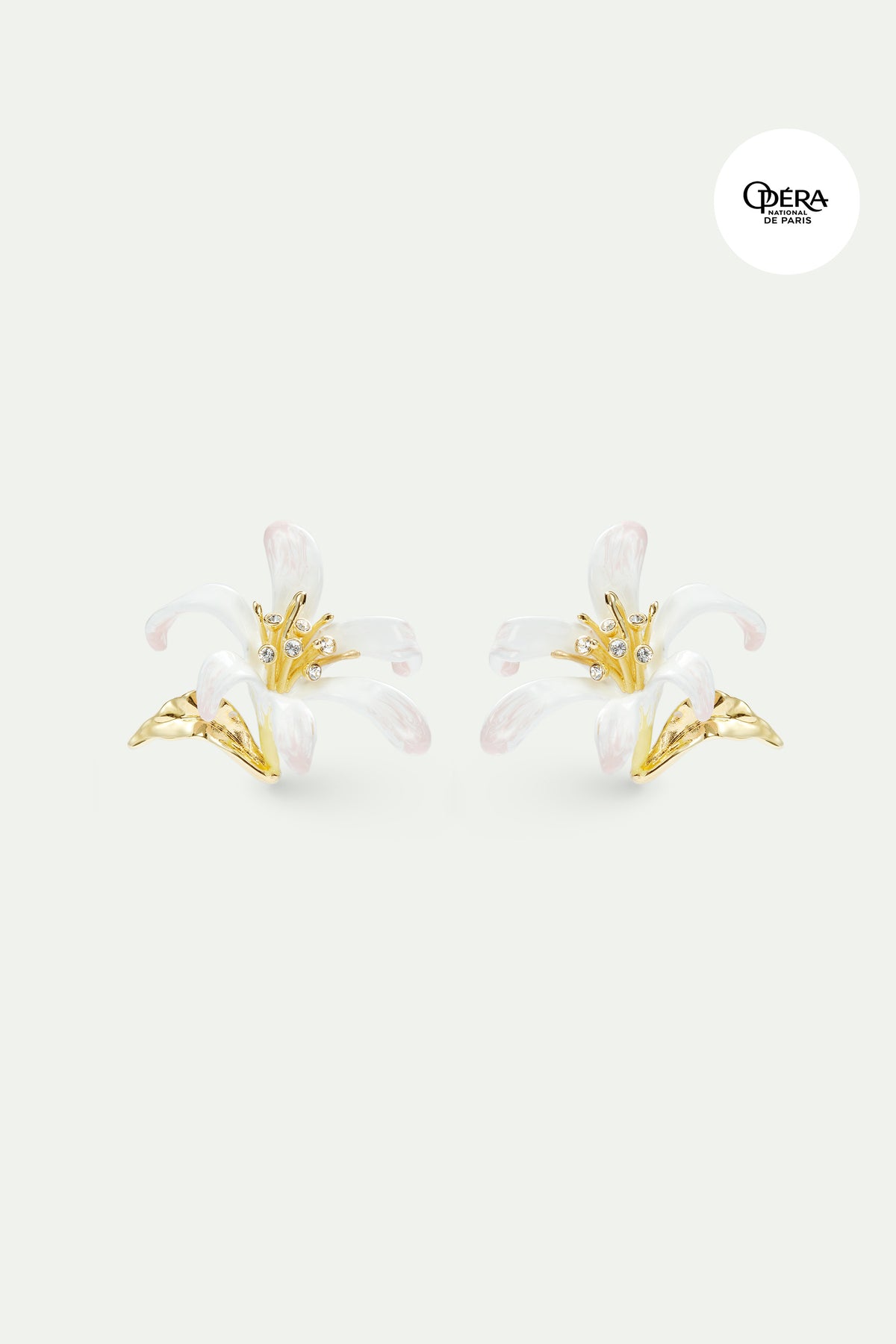 Boucles d'oreilles grande fleur de Lys blanche et feuilles dorées