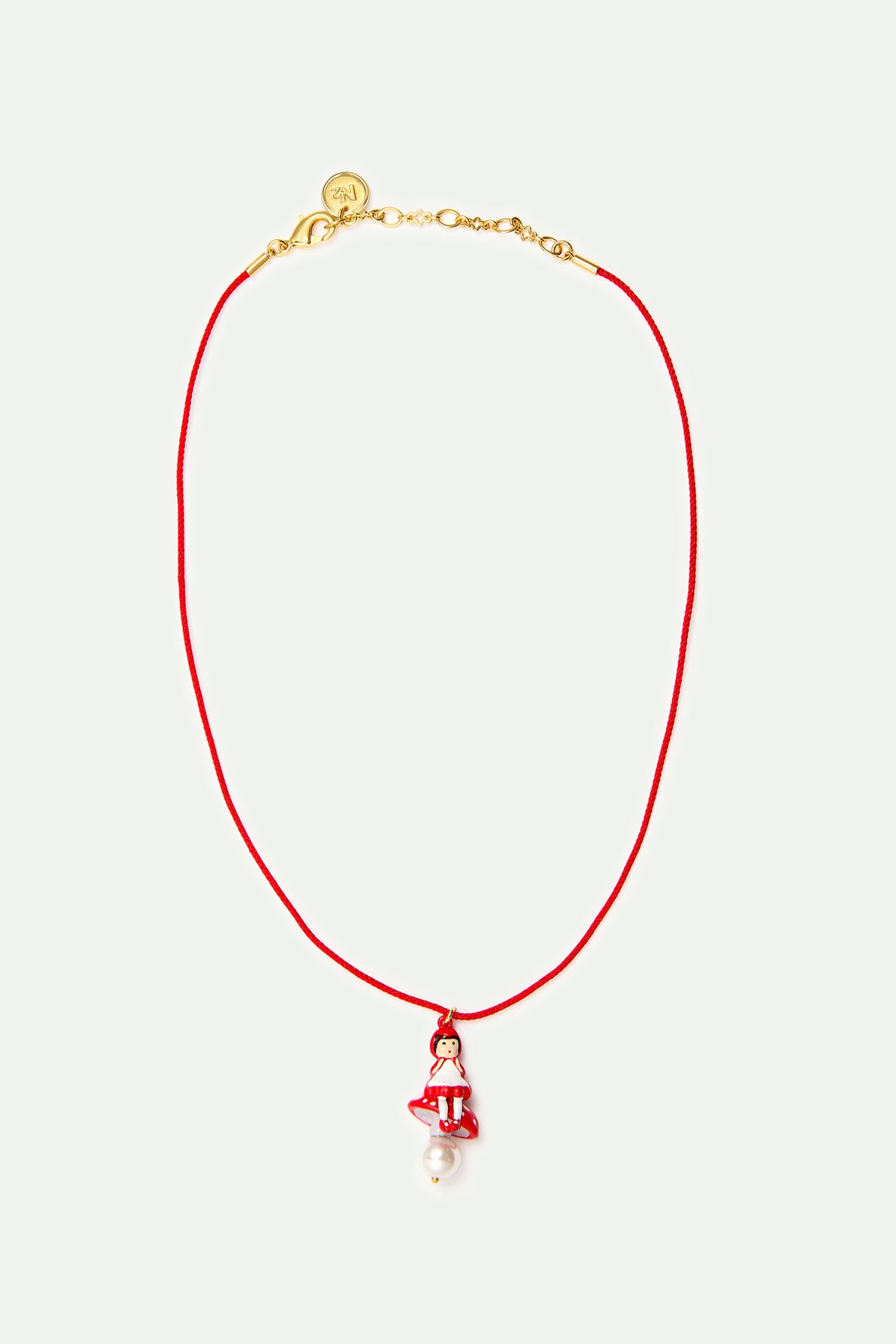 Collier pendentif rouge Petit Chaperon Rouge, champignon et perle fantaisie
