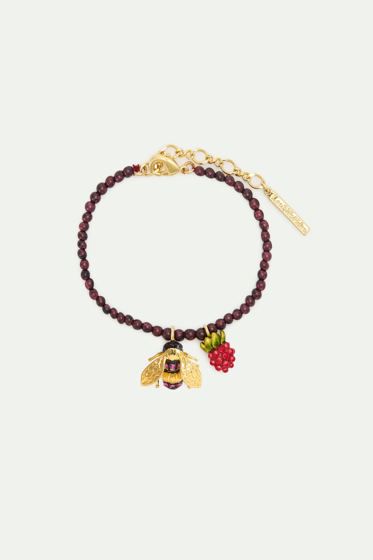 Bracelet perles de grenat reconstitué, abeille et framboise