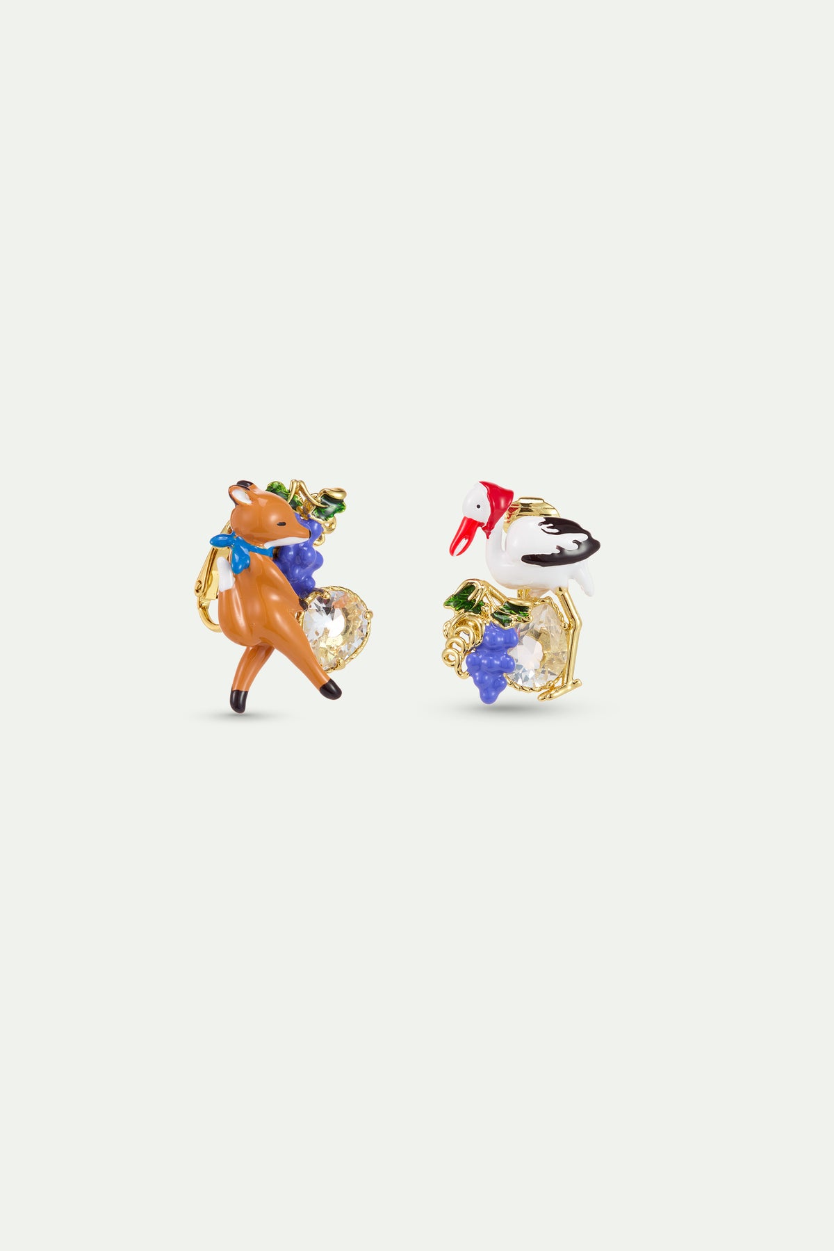 Boucles d'oreilles asymétriques Le Renard et la Cigogne, raisin et verre facetté
