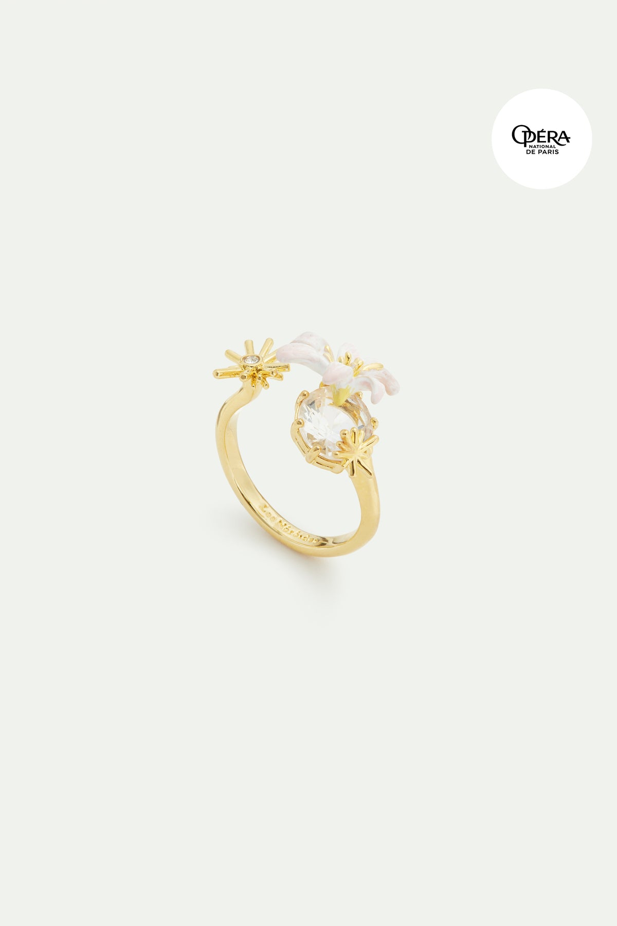 Bague ajustable dorée Fleur de Lys blanche et pierre facettée