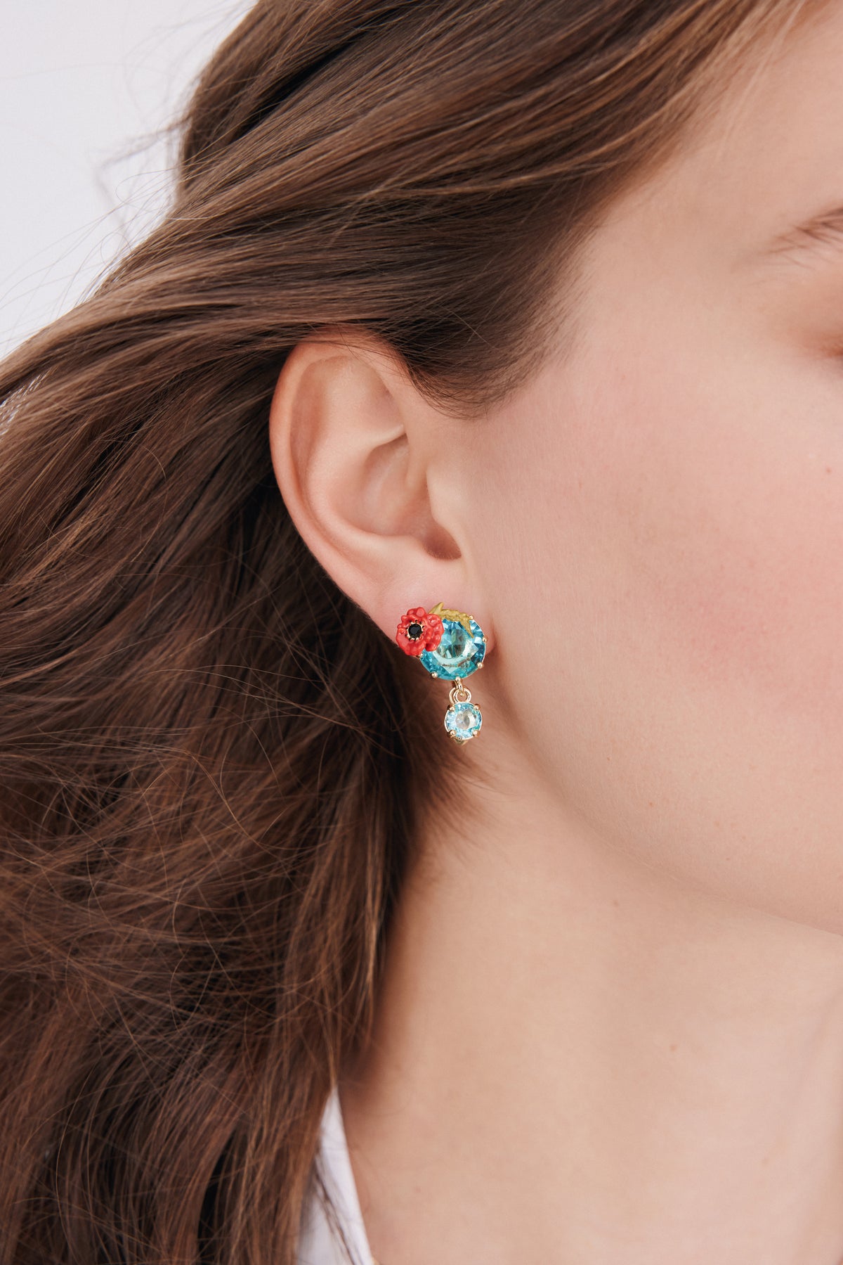 Boucles d'oreilles clips pierres rondes bleues et coquelicot