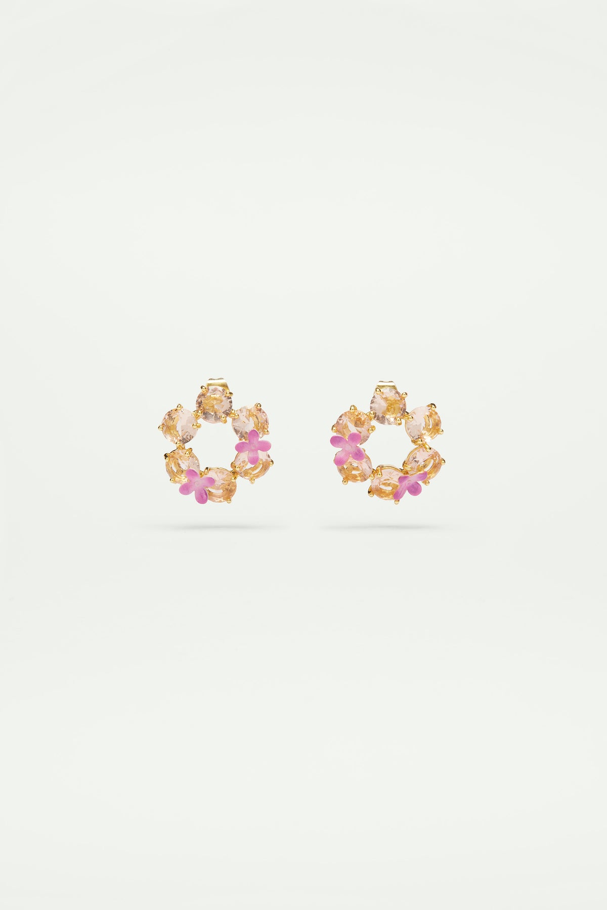 Boucles d'oreilles fleurs et 6 pierres rondes la diamantine rose abricot