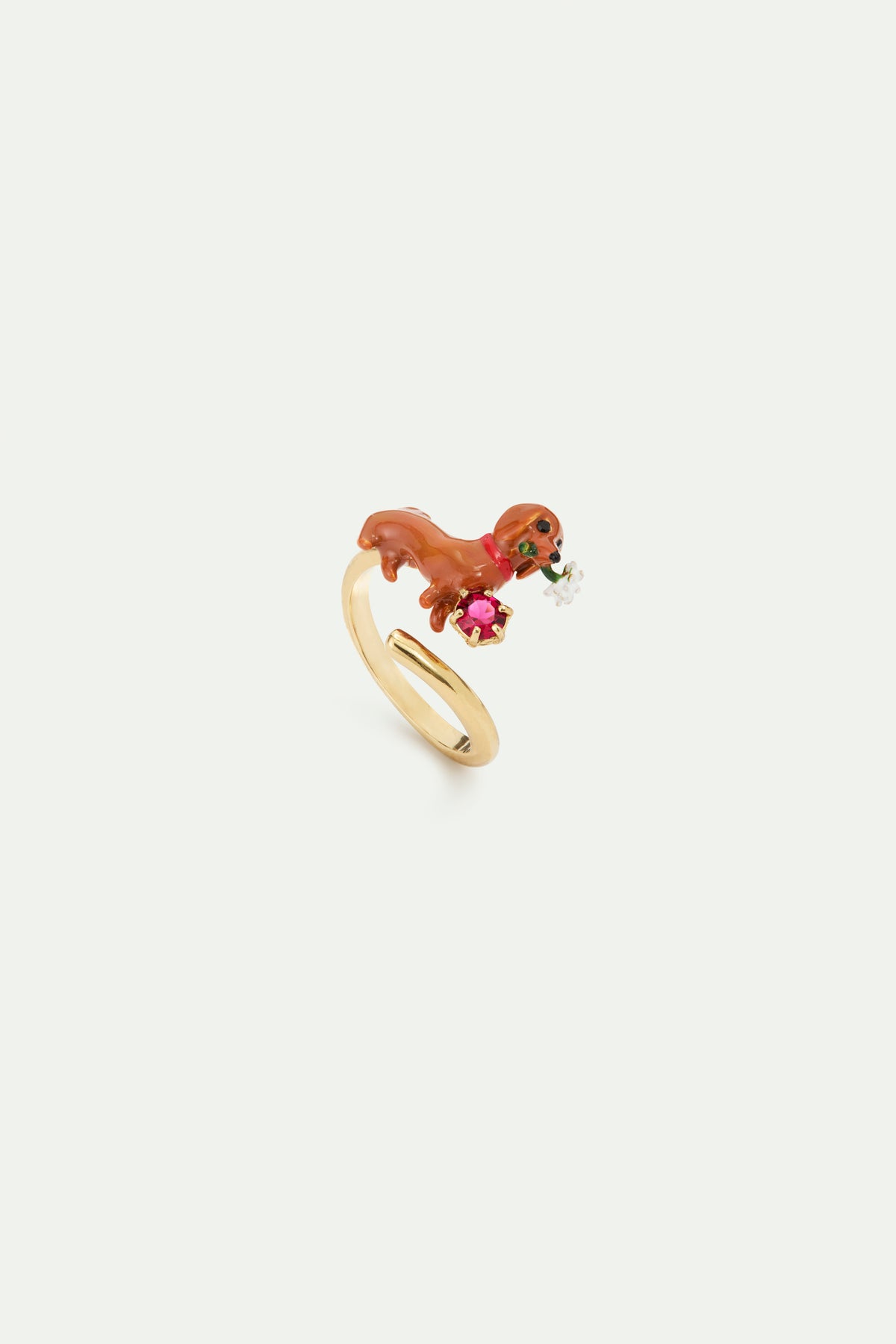 Bague ajustable teckel, marguerite et pierre rose