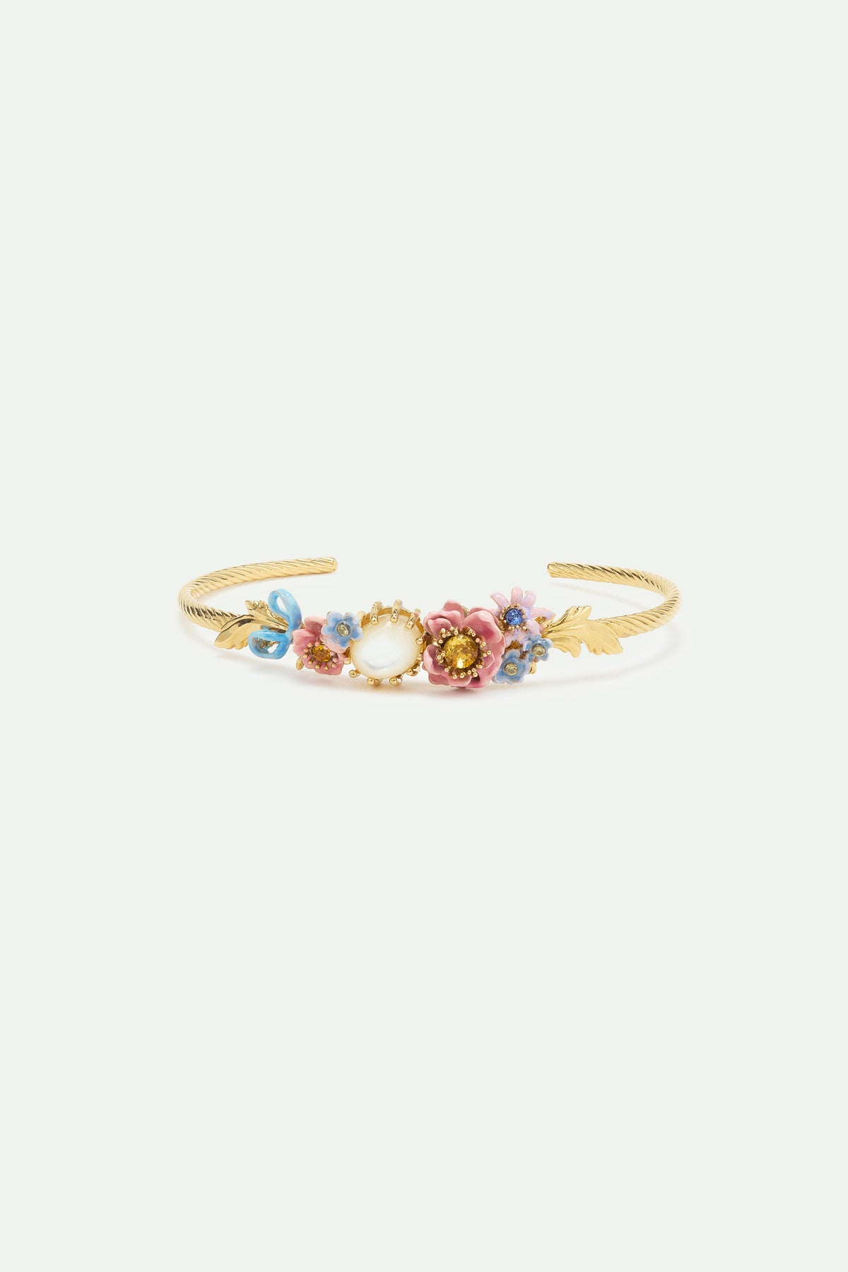 Bracelet jonc fleurs roses et bleues et pierre ronde nacrée