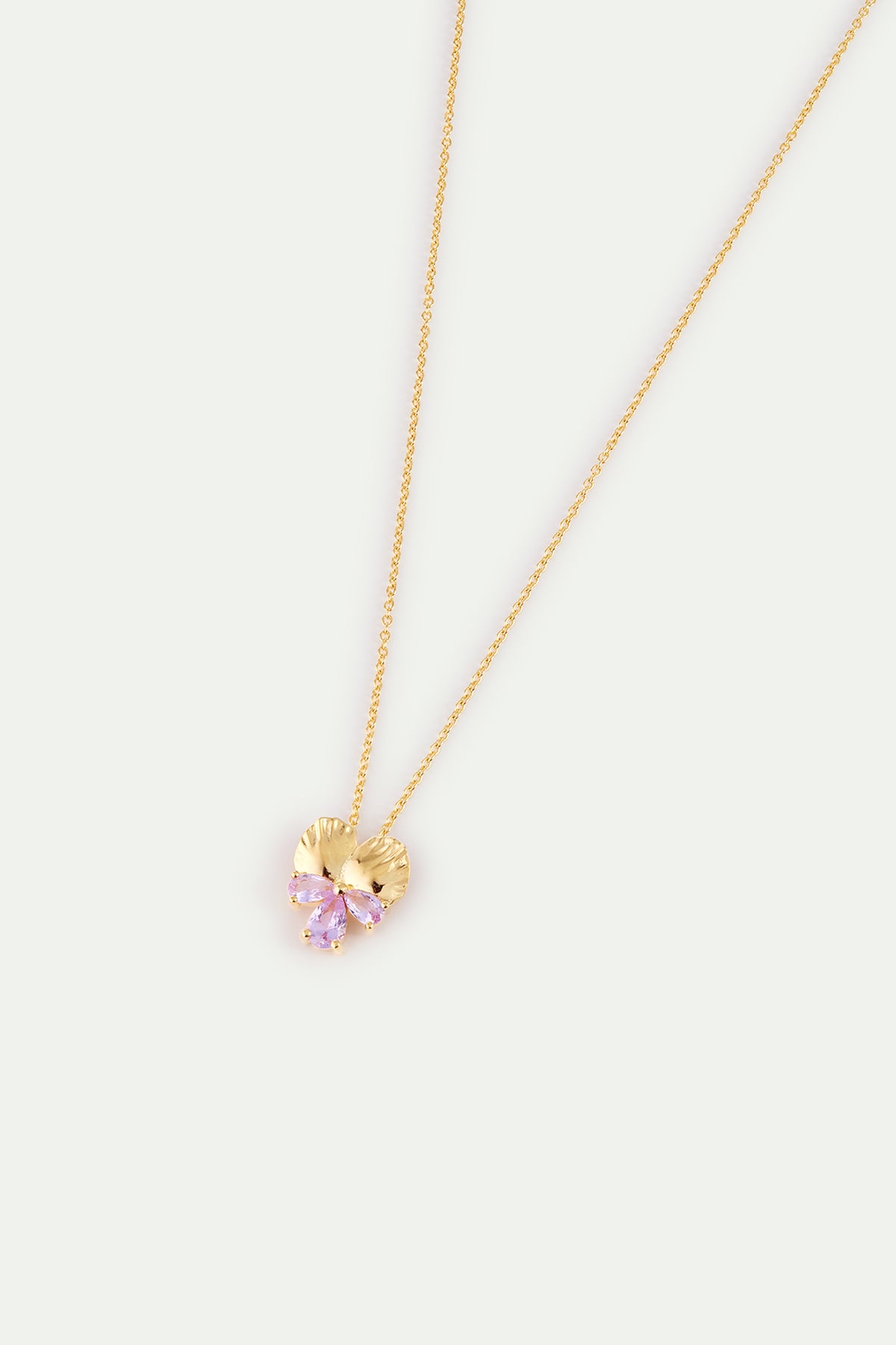 Collier pendentif doré pensée et pierres roses