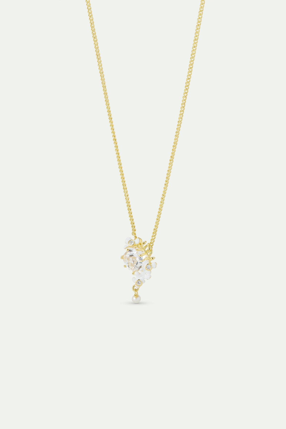 Collier pierre facetté, laurier, glycine blanche et perle de culture