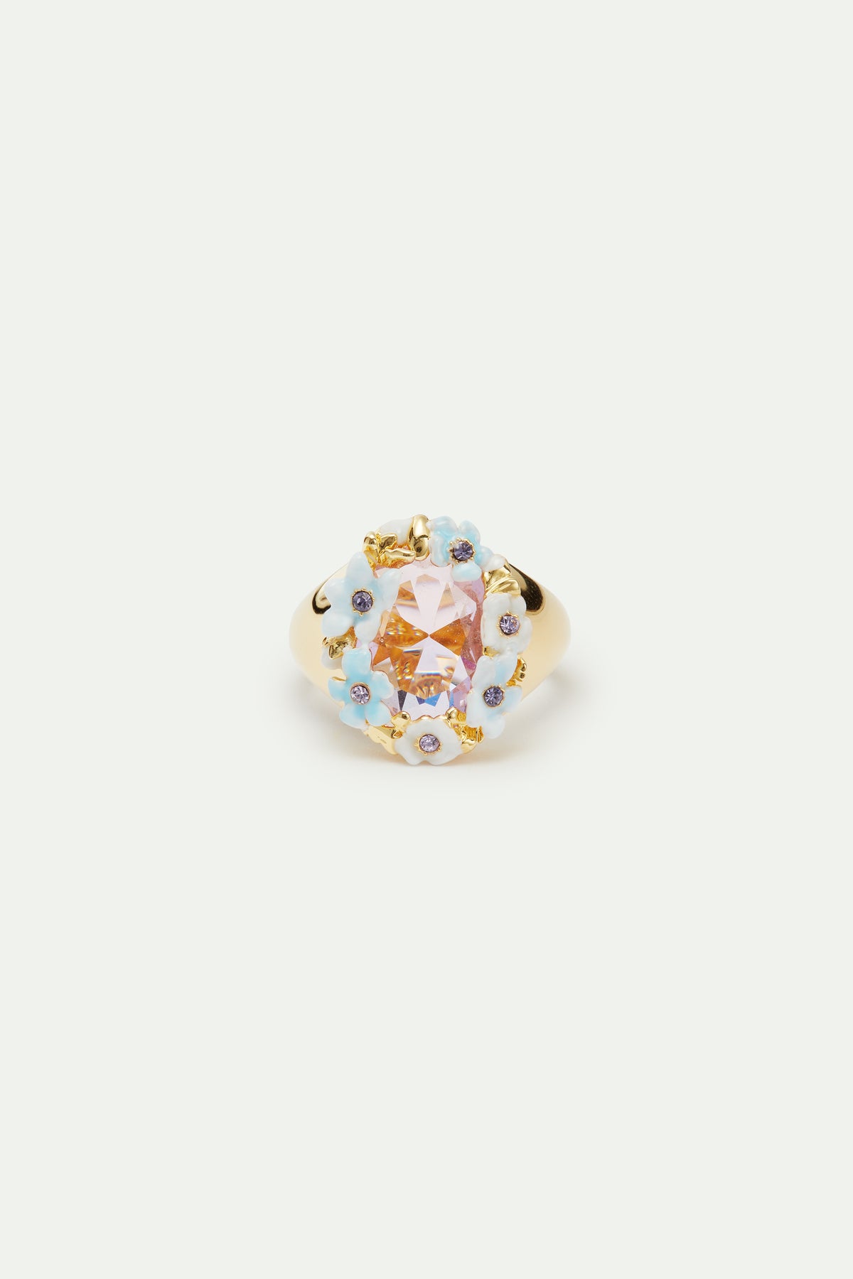 Bague cocktail mariage pierre facettée violette et fleurs bleues