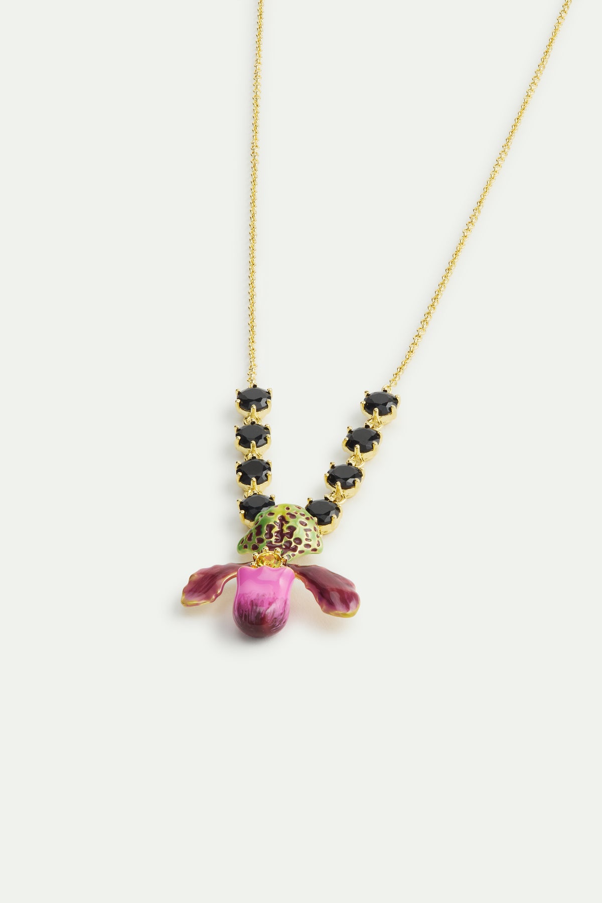Collier orchidée violette et pierres en verre facetté noir