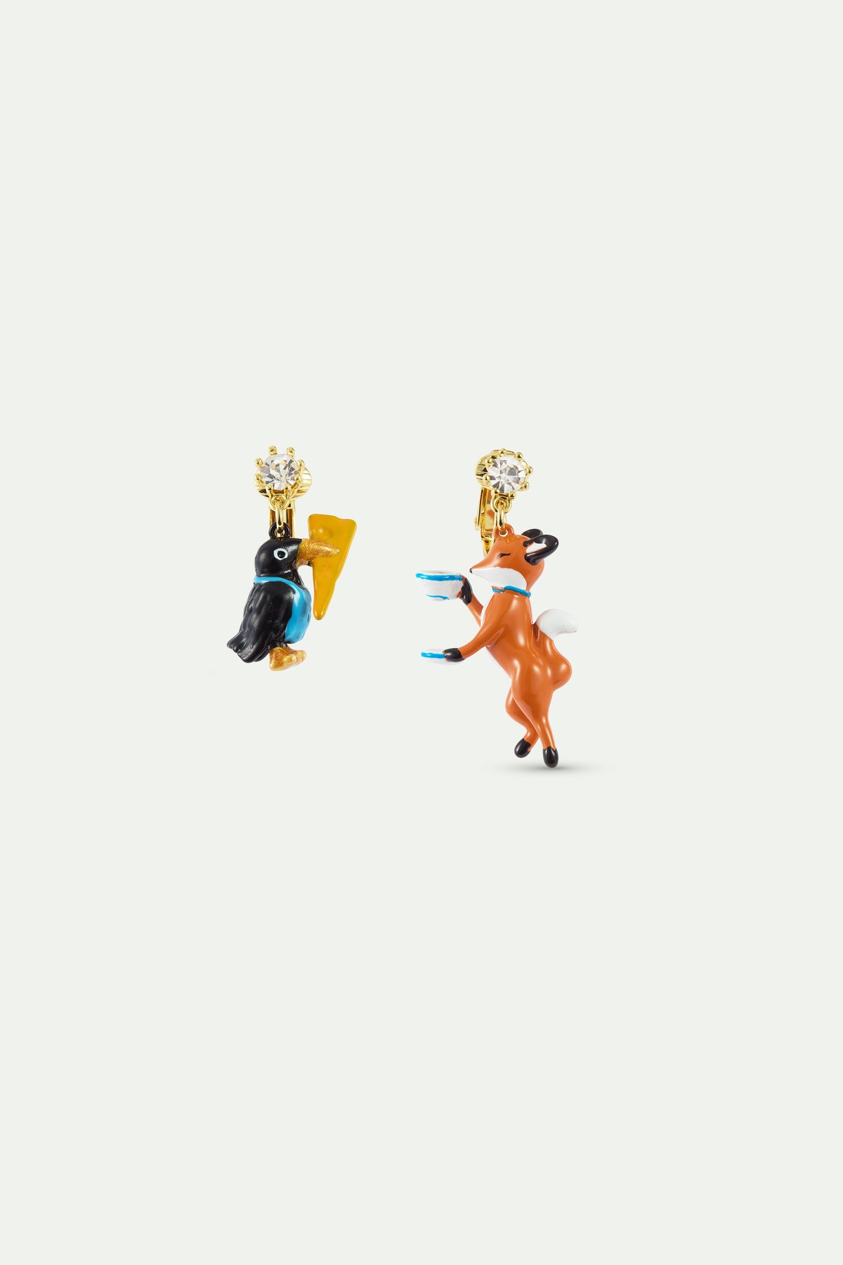 Boucles d'oreilles asymétriques Le Corbeau et le Renard, cristal facetté