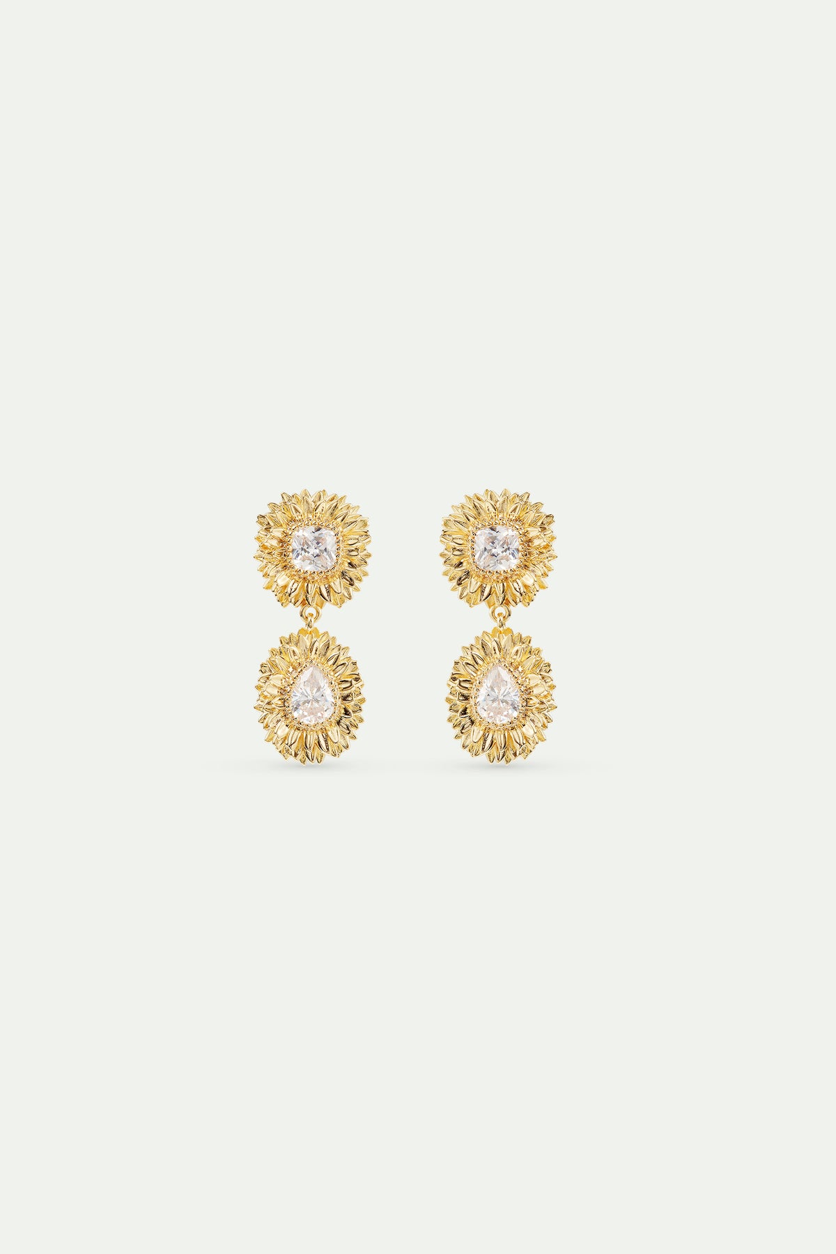 Boucles d'oreilles tiges pendantes pissenlits dorés et pierre taillée