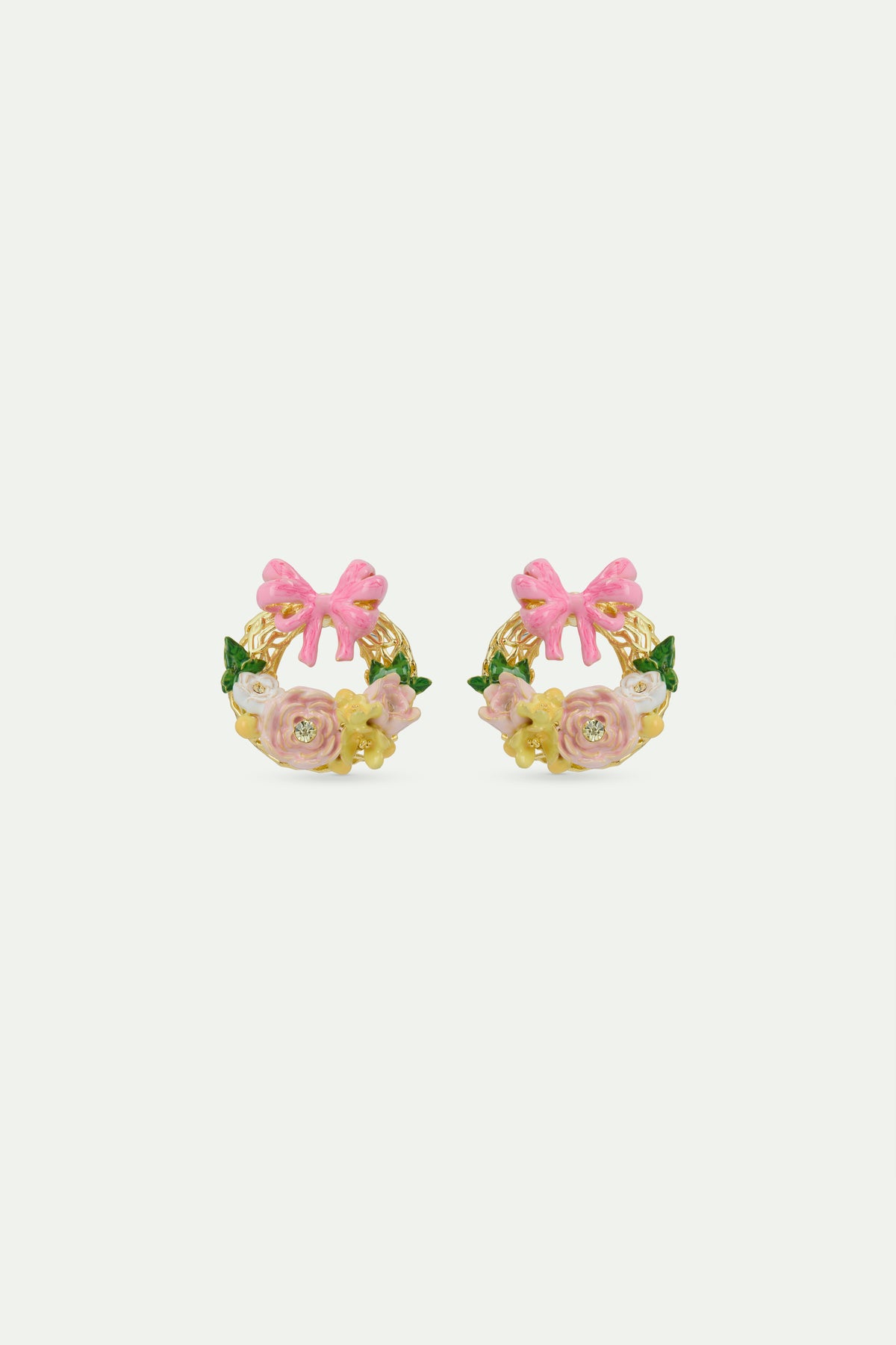 Boucles d'oreilles tiges couronne de fleurs et noeud rose