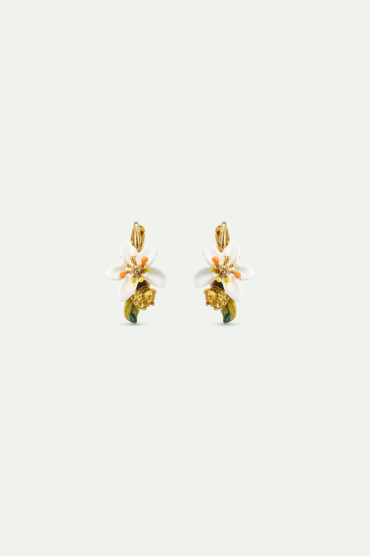 Boucles d'oreilles dormeuses fleur d'oranger et pierre jaune