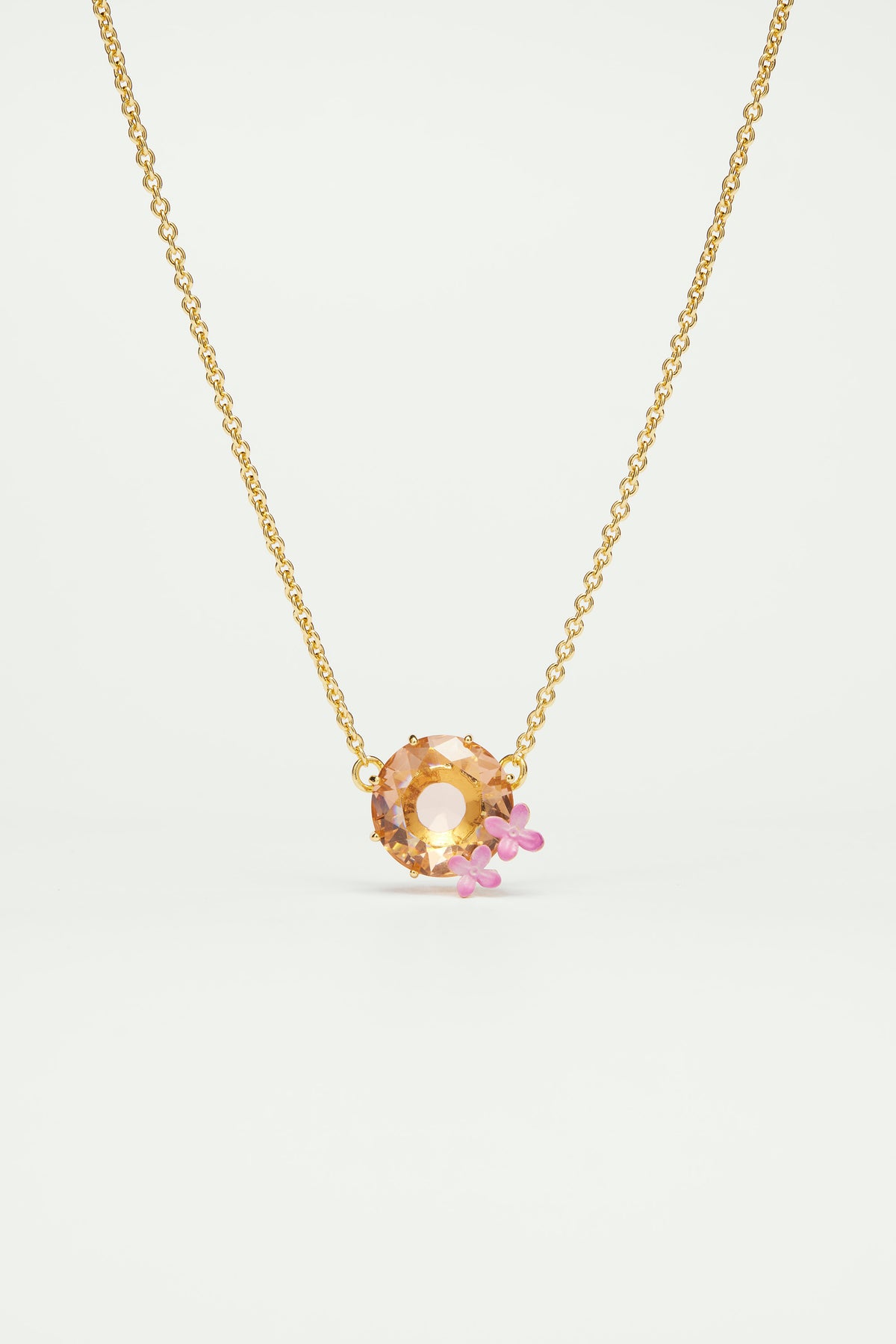 Collier fin pierre ronde et fleurs la diamantine rose abricot