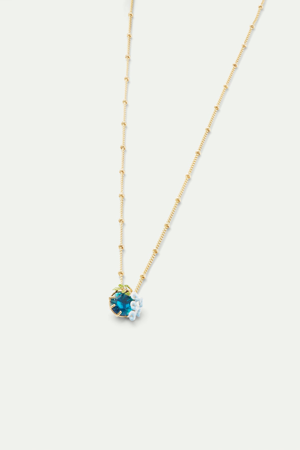 Collier pendentif verre facetté bleu et fleurs de glycine