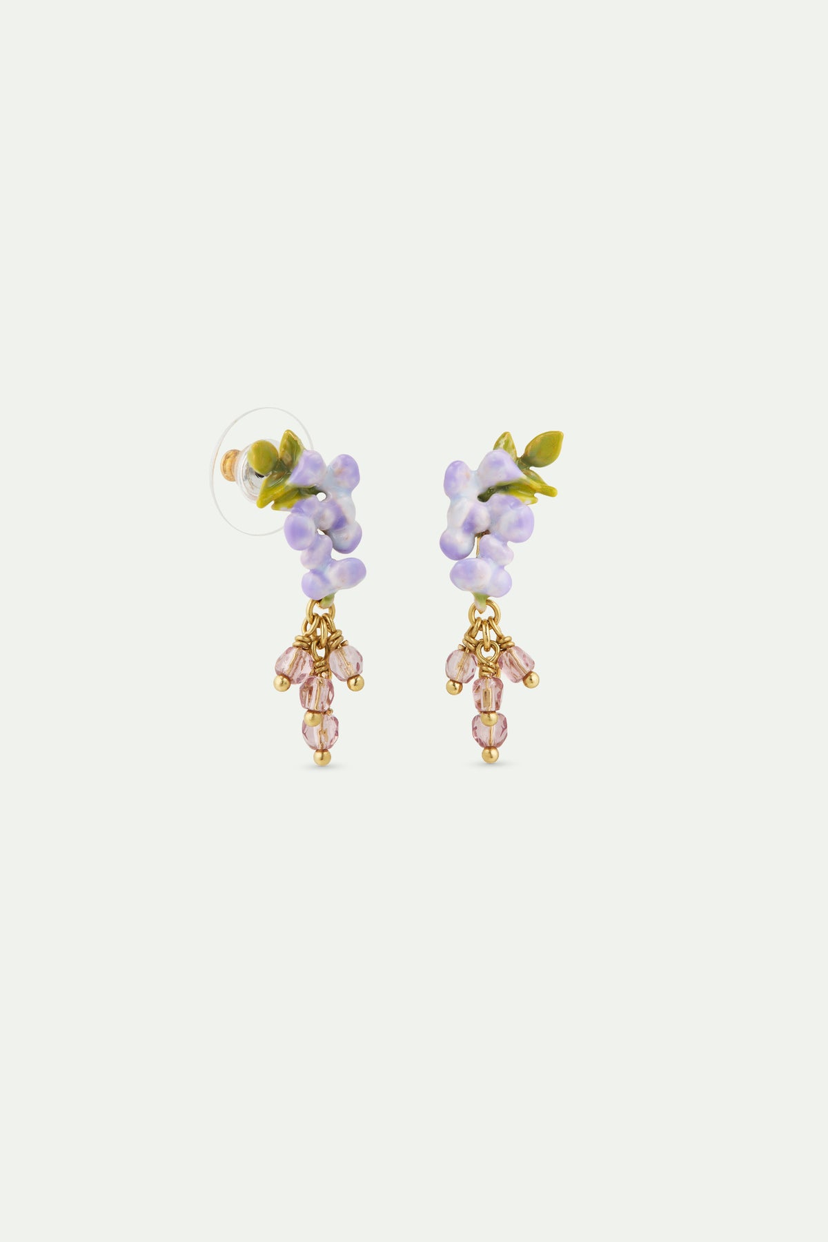 Boucles d'oreilles glycine violette, lierre et perles de cristal facettées pendantes