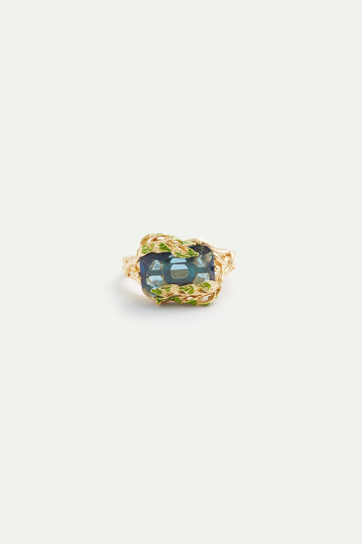 Bague cocktail feuilles de glycine et verre facetté