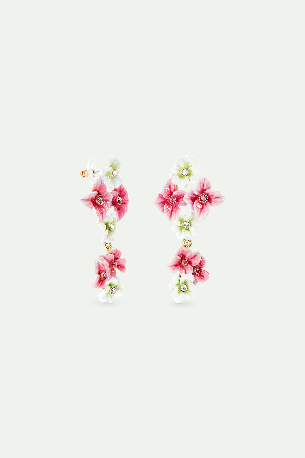 Boucles d'oreilles tiges pendantes fleurs d'hortensia roses et blanches