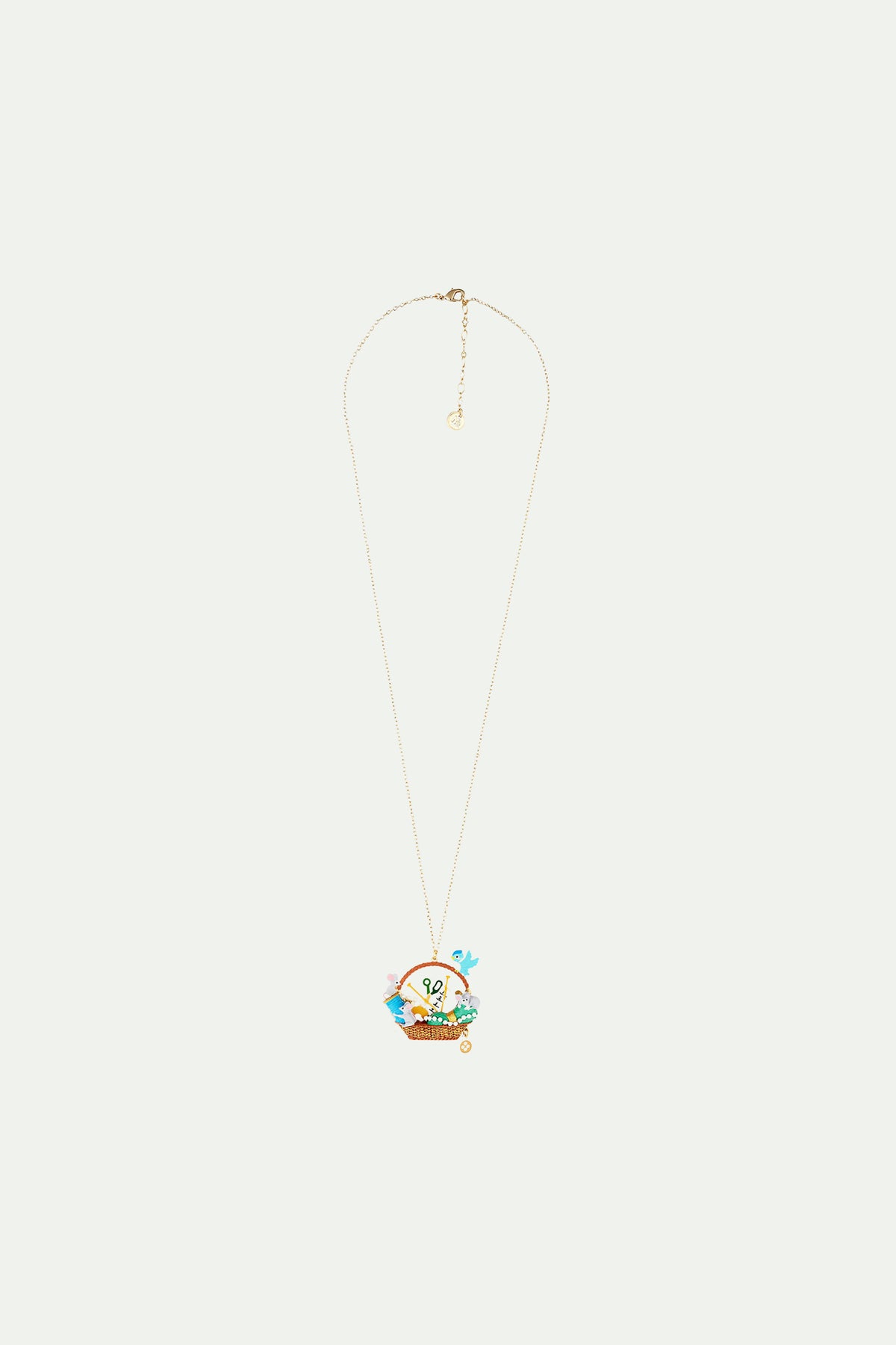 Collier sautoir souris, bobine de fil, ciseau, oiseau, perles