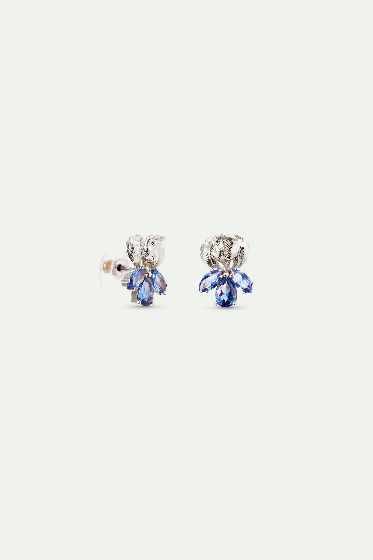 Boucles d'oreilles tiges argentées iris et pierres bleues