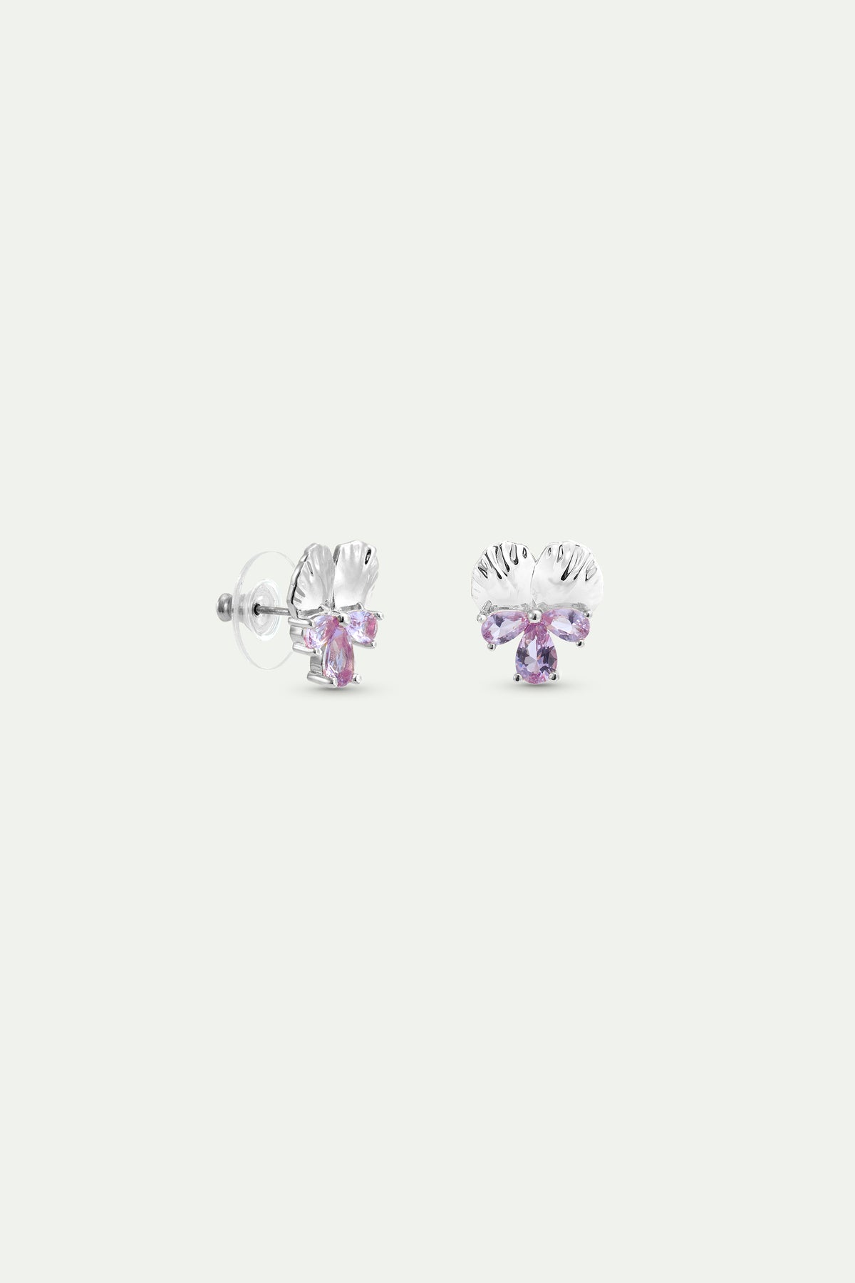 Boucles d'oreilles argentées pensée et pierres roses