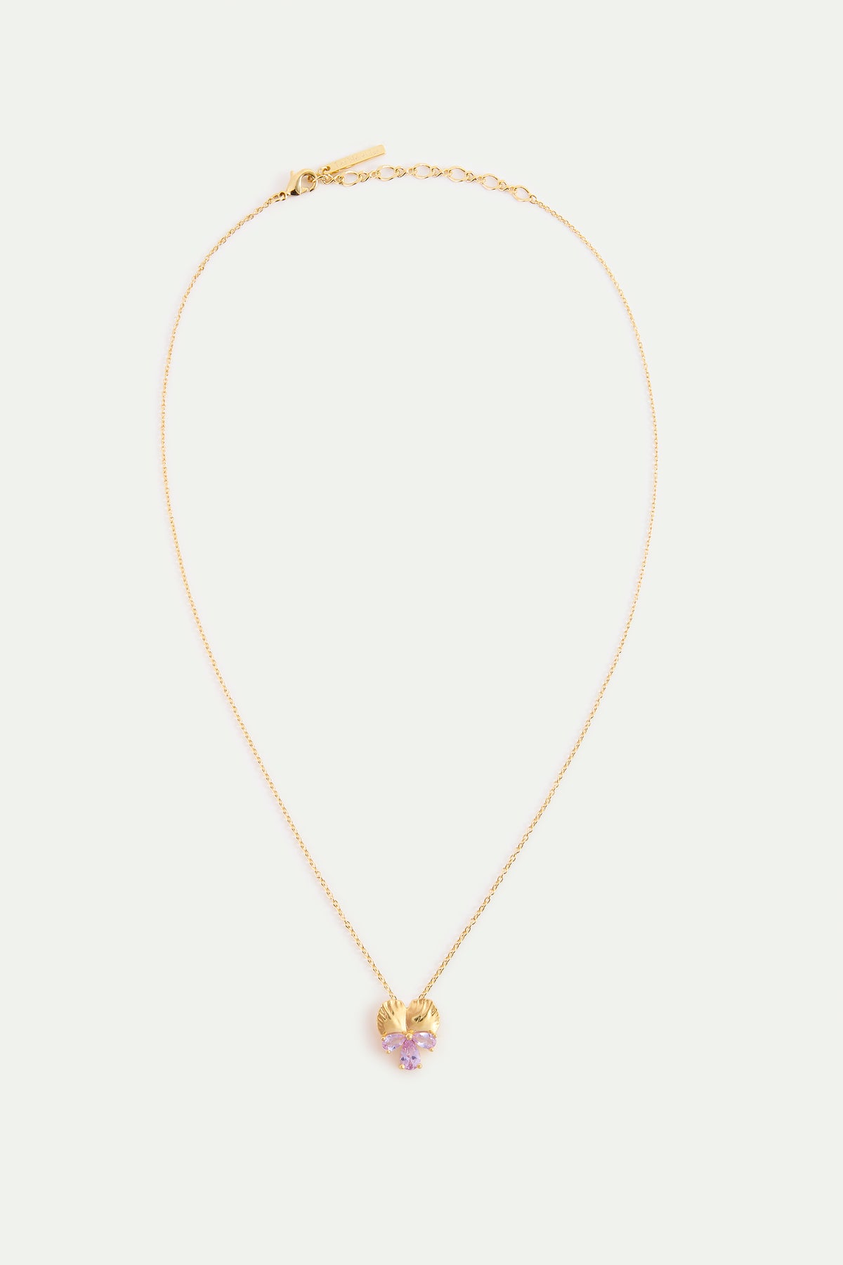 Gold pendant necklace with pansies and pink stones 