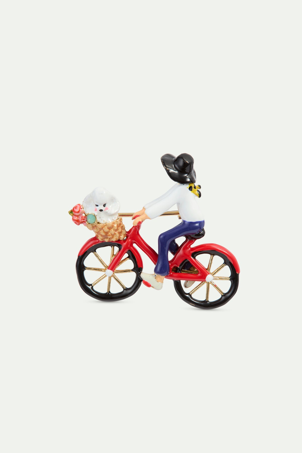 Broche vélo, caniche et bouquet de fleurs
