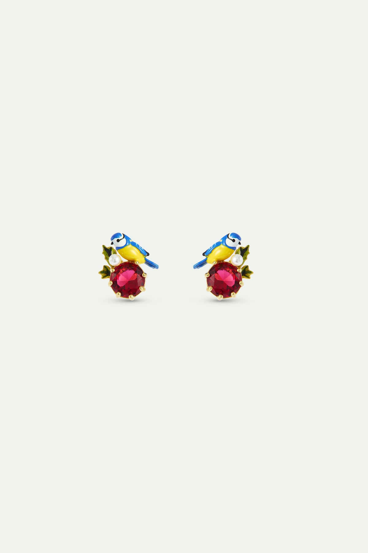 Blue tit and round red stone post earrings