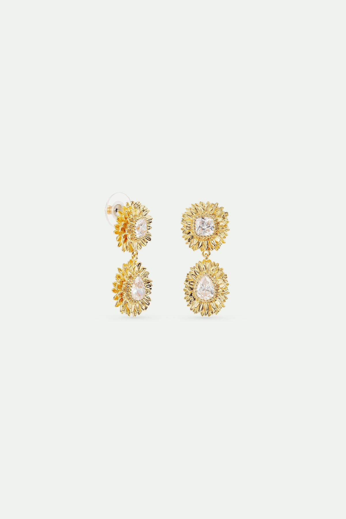 Boucles d'oreilles tiges pendantes pissenlits dorés et pierre taillée