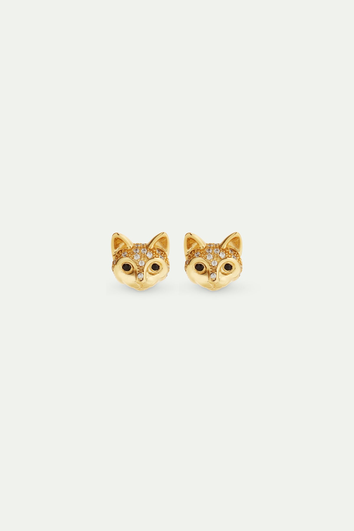 Boucles d'oreilles tiges dorées tête de chat et cristaux