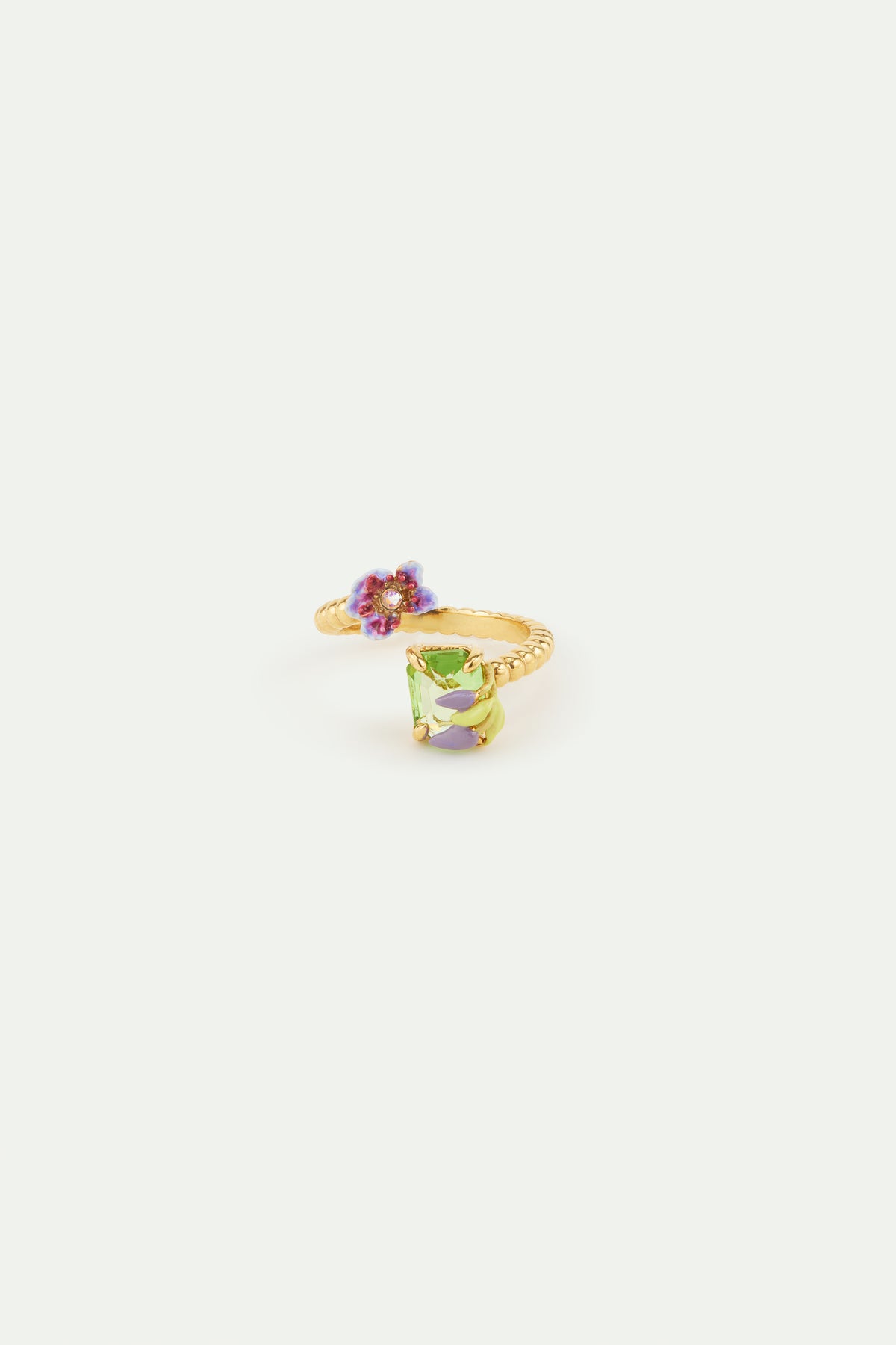 Bague ajustable clématite violette et pierre verte taille émeraude