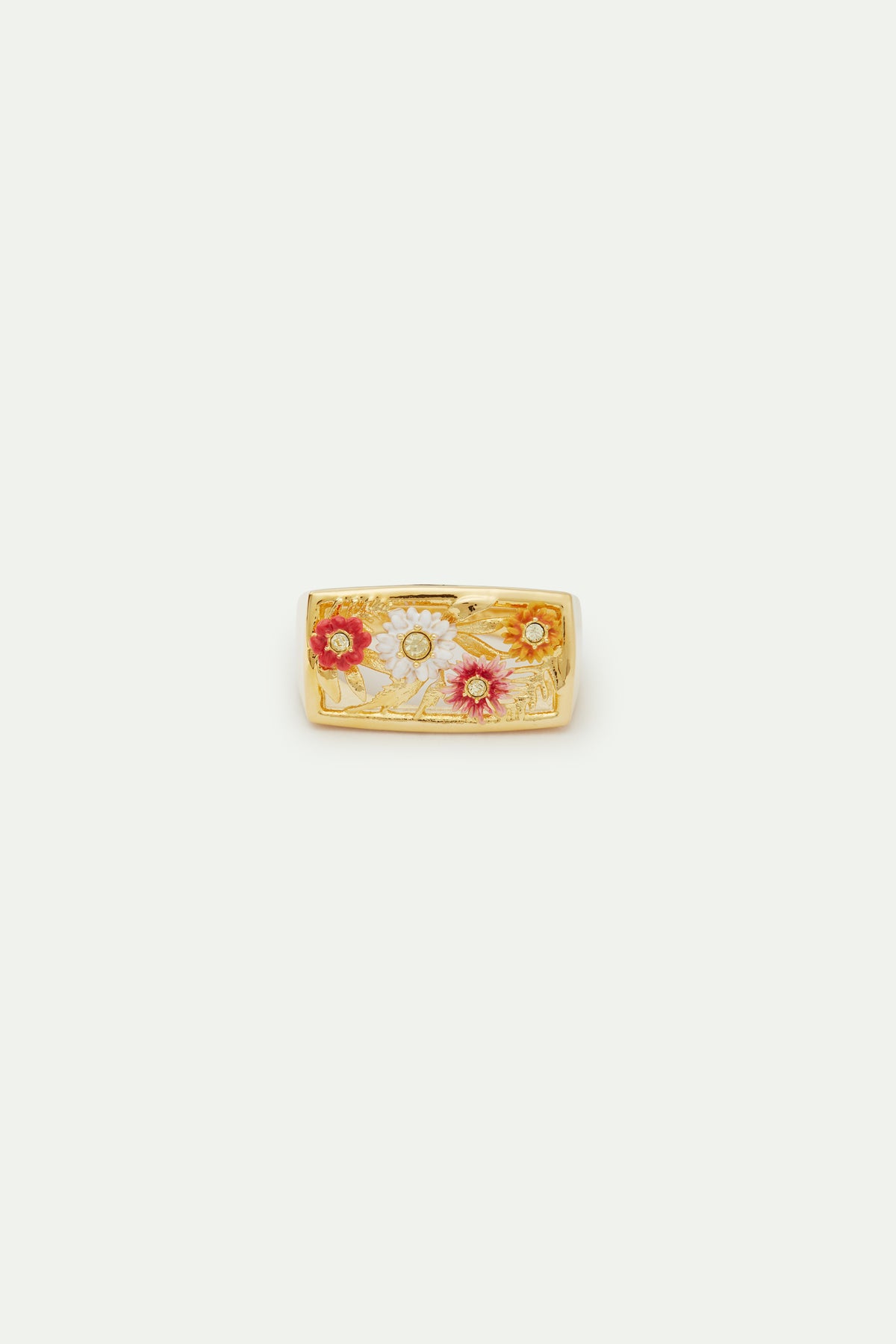 Bague chevalière dorée fleurs zinnias