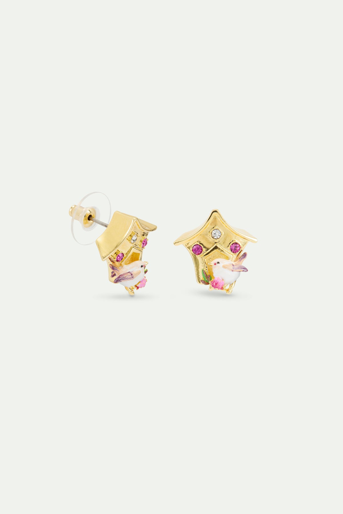 Boucles d'oreilles nichoir, plectrophane des neiges et cristaux roses