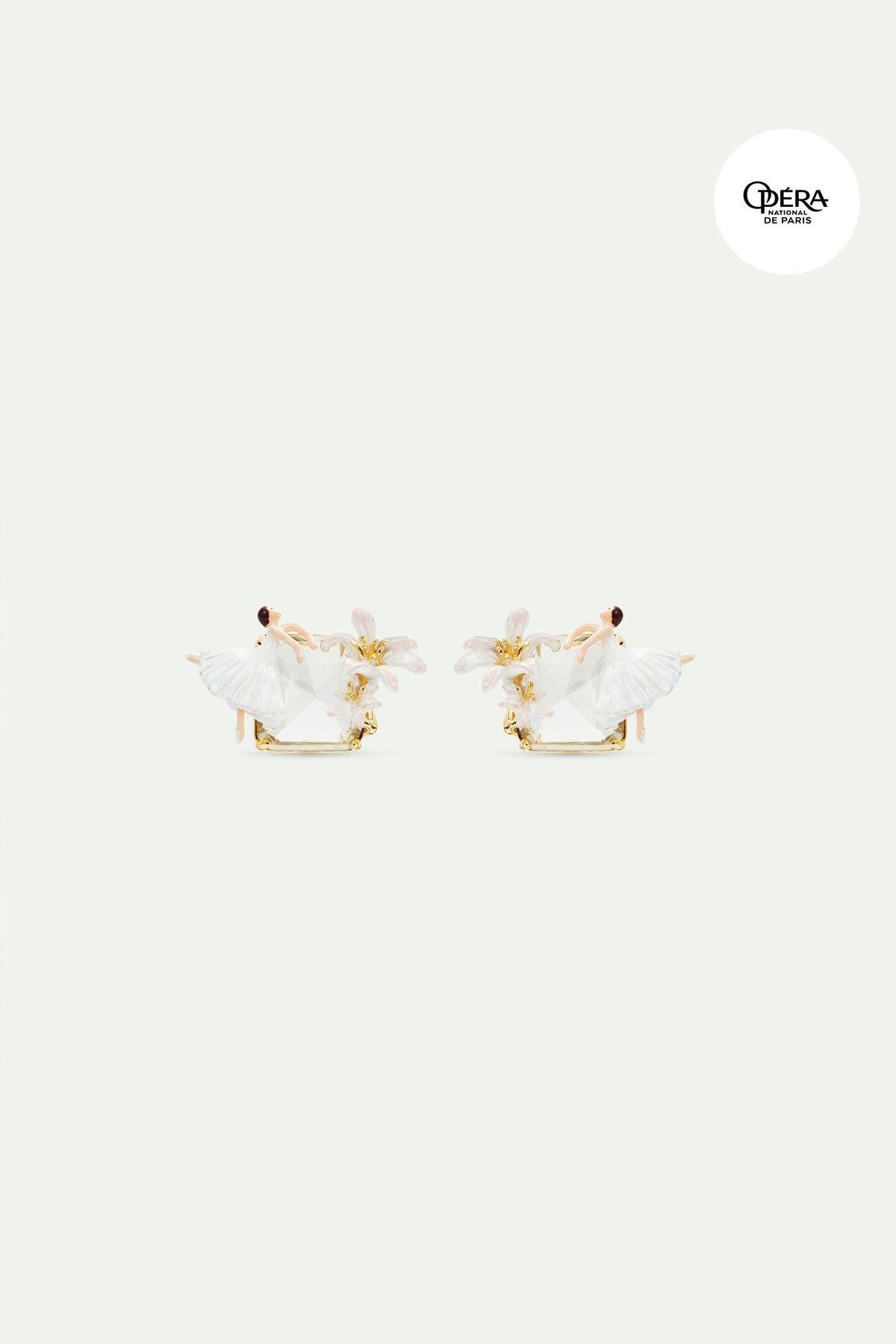 Boucles d'oreilles tiges pierre facettée, Ballerine et Fleur de Lys blanche